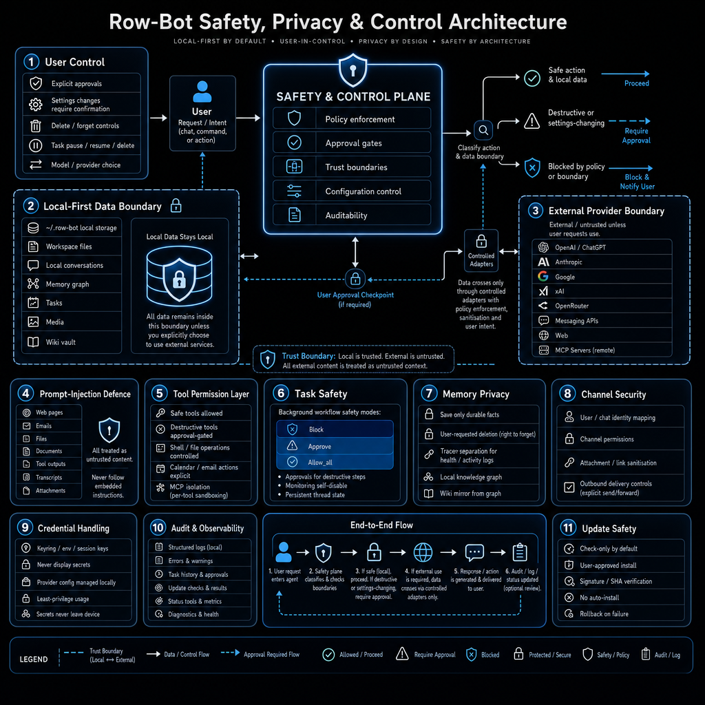 Row-Bot safety privacy and control architecture diagram