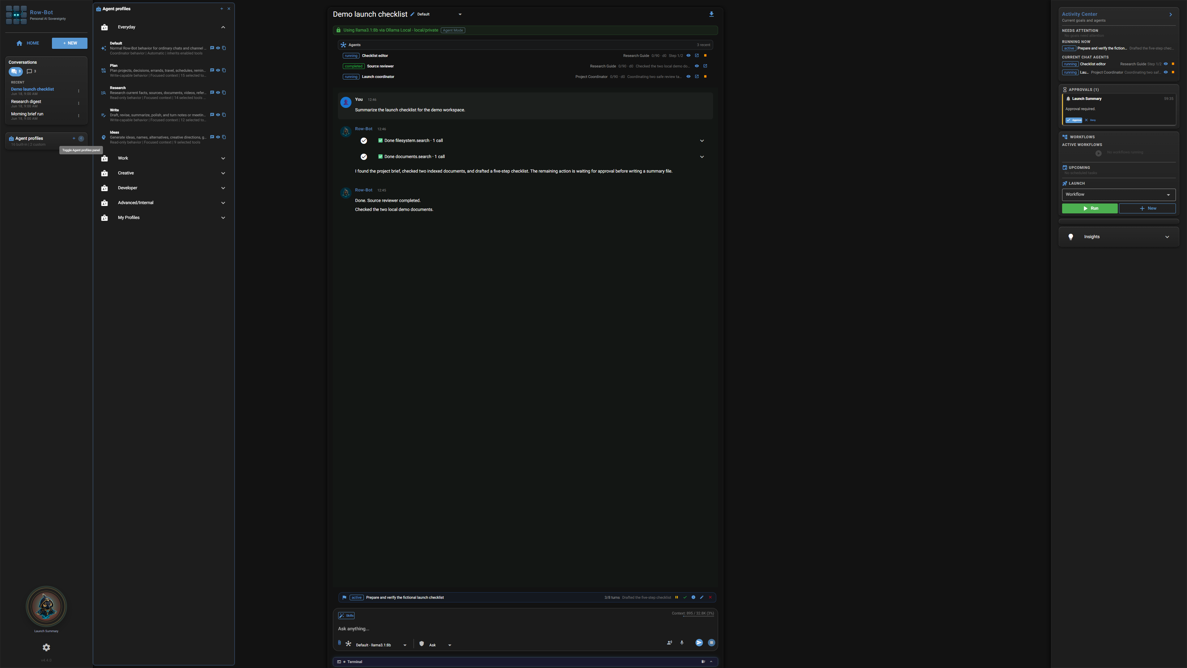 Row-Bot Agent Profile library with fictional Research Guide and Project Coordinator profiles.