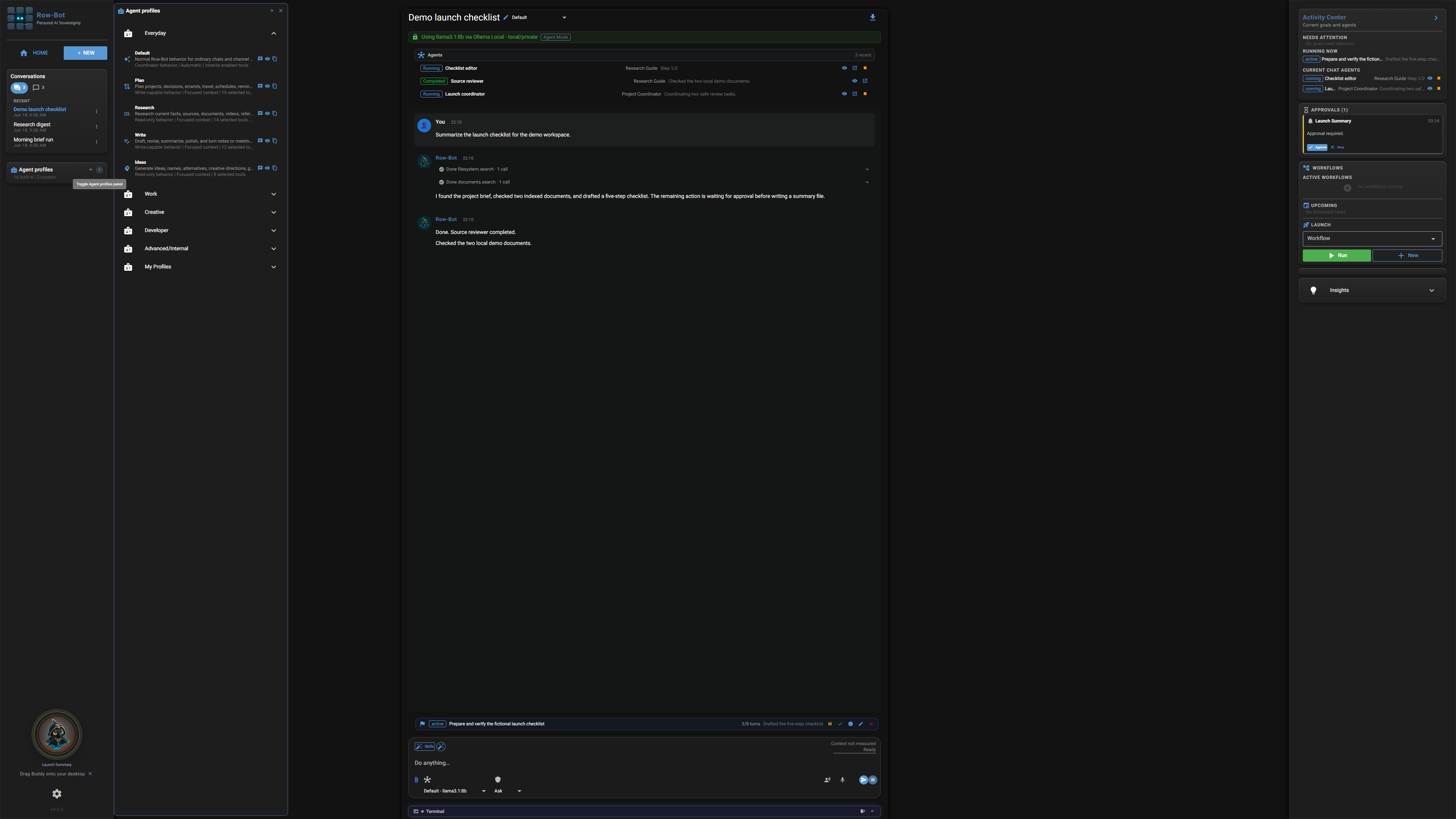 Row-Bot Agent Profile library with fictional Research Guide and Project Coordinator profiles.