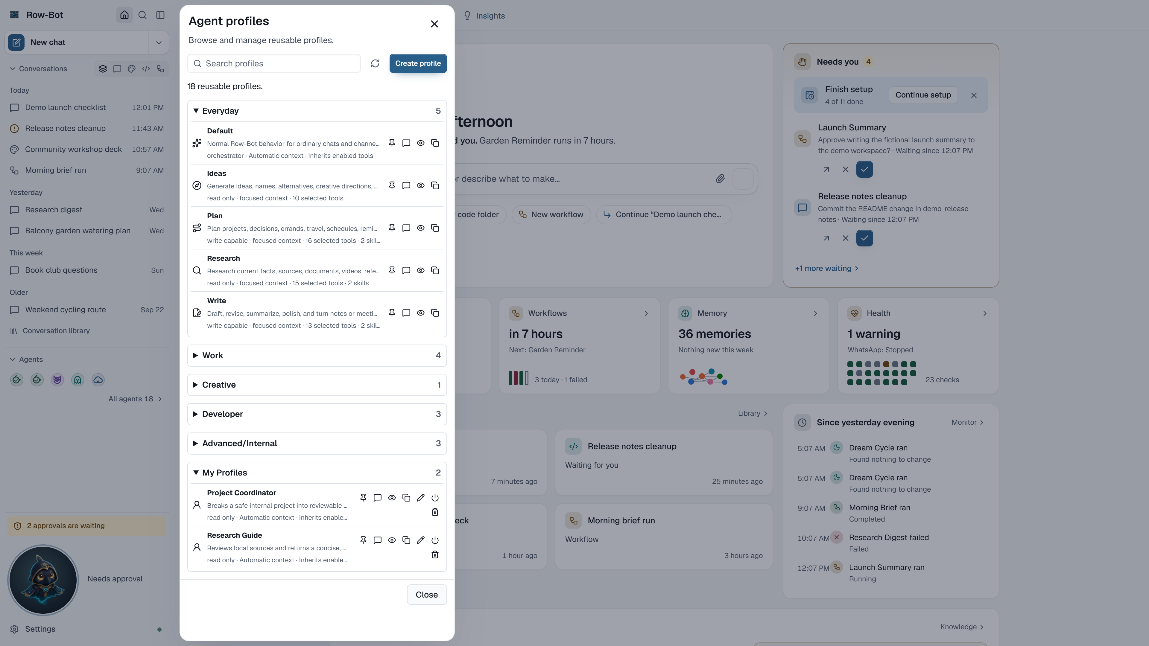 Row-Bot Agents dialog listing agent profiles in groups with search and Create profile.
