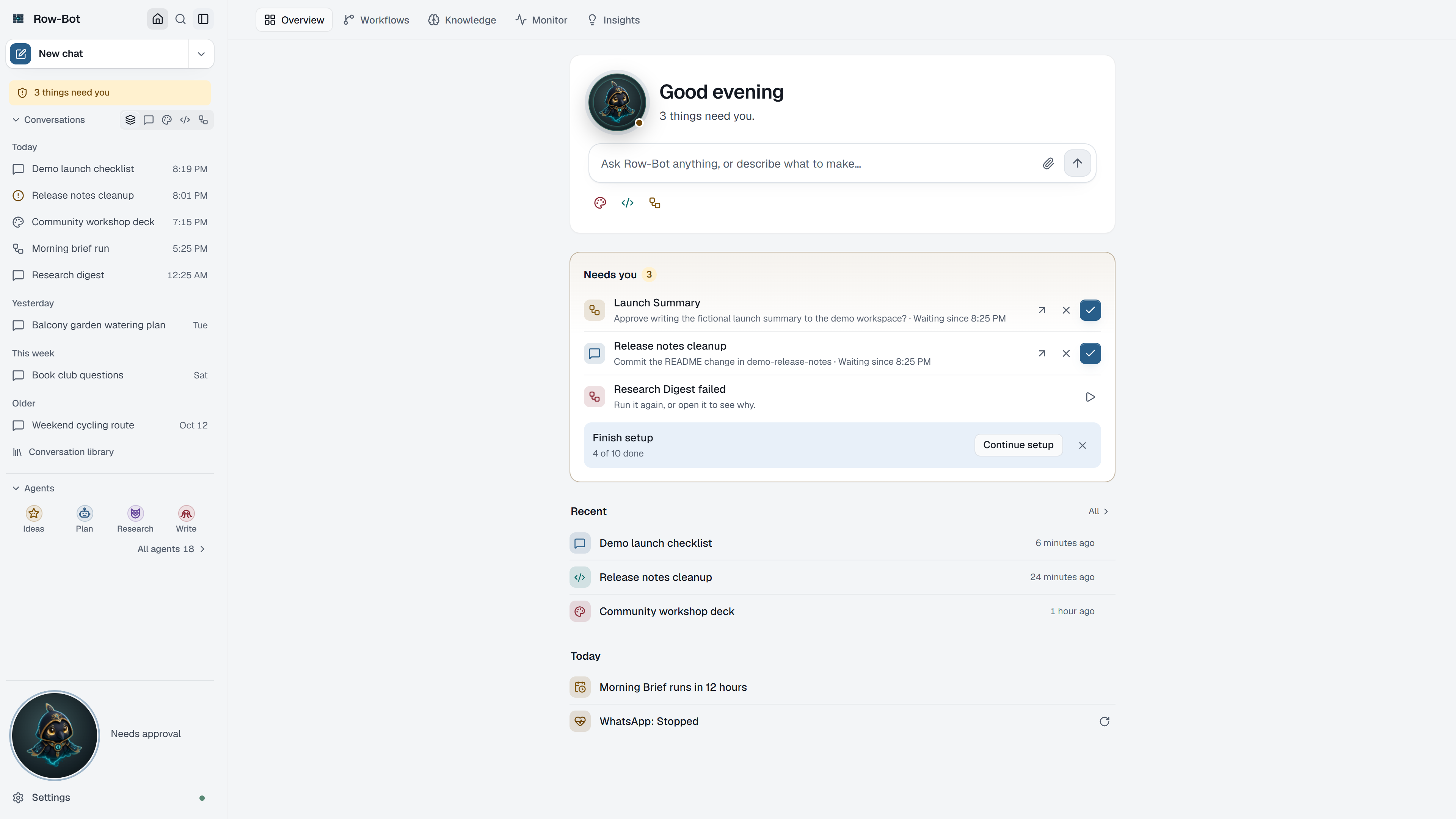 Row-Bot main window on Home › Overview with the sidebar.