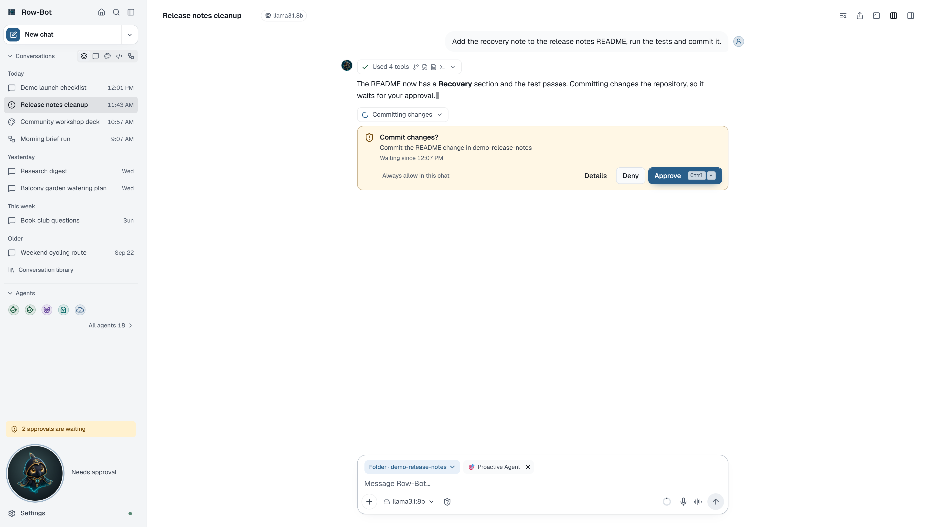 Row-Bot approval card for a file change with Approve and Deny.