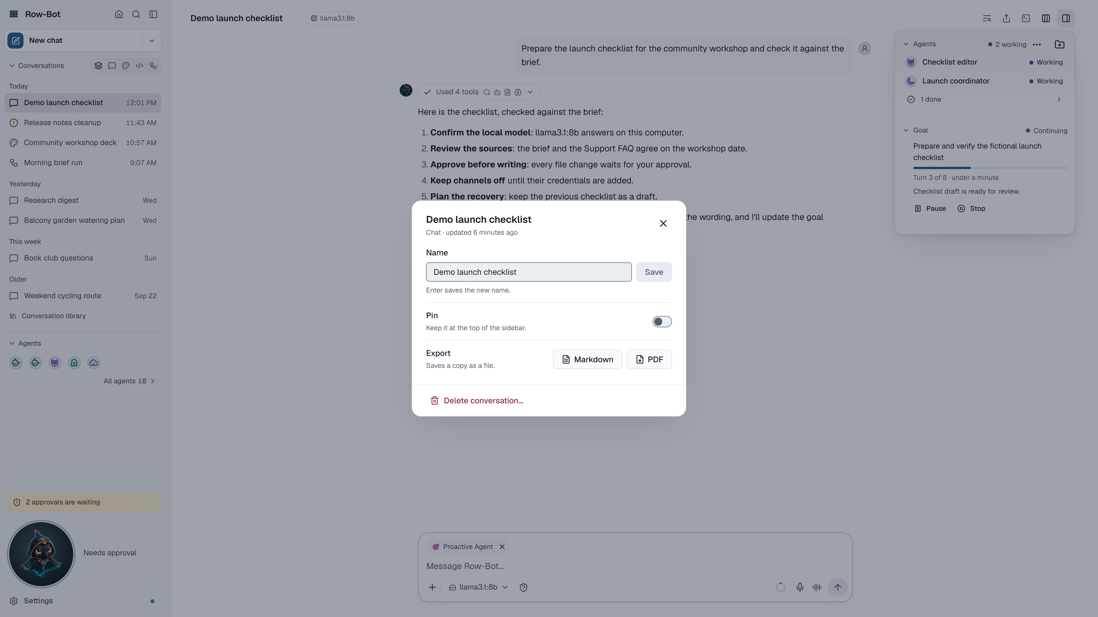Row-Bot Conversation actions dialog with the name, pin and export controls.