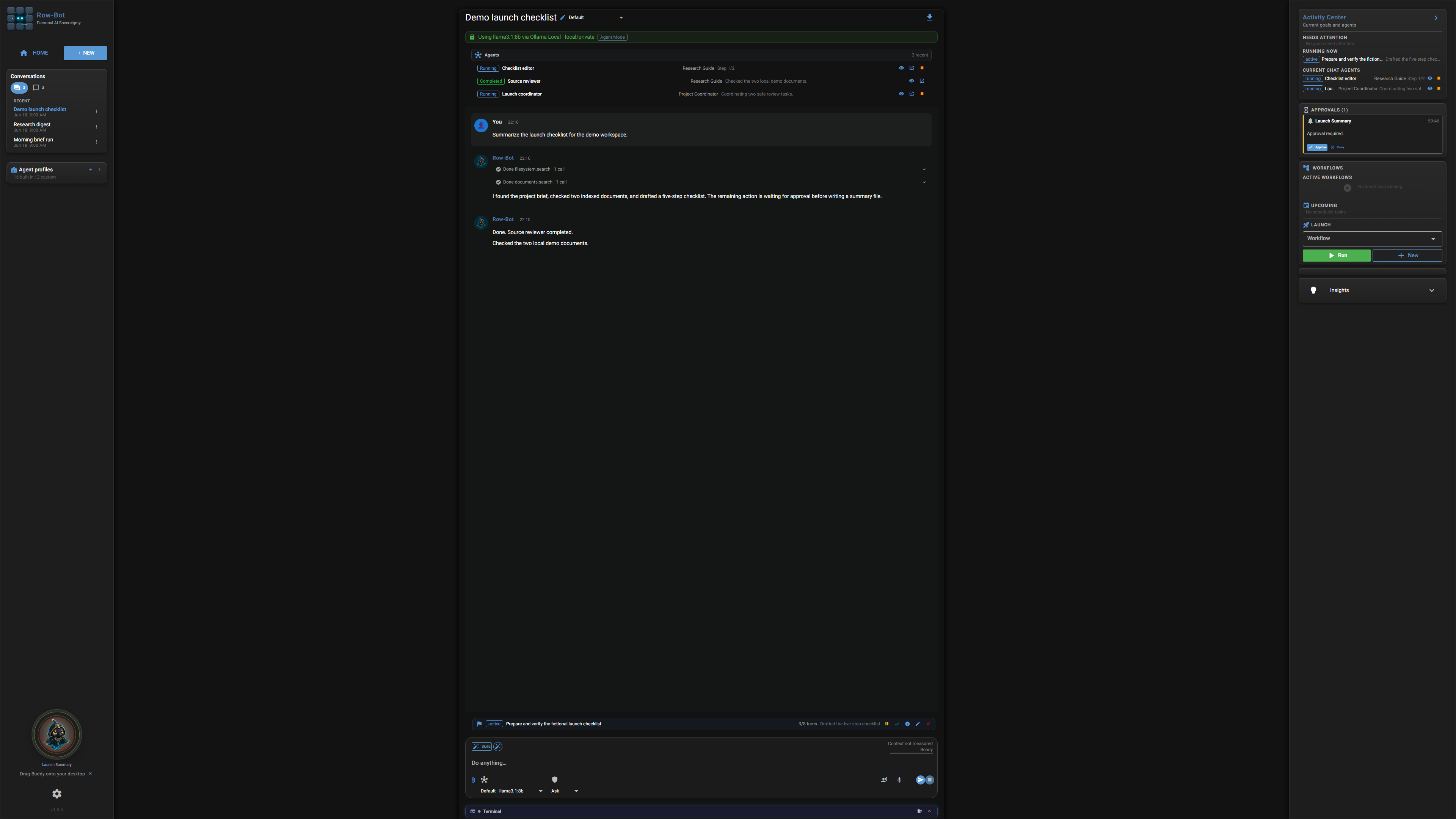 Row-Bot chat view with conversation and composer controls.
