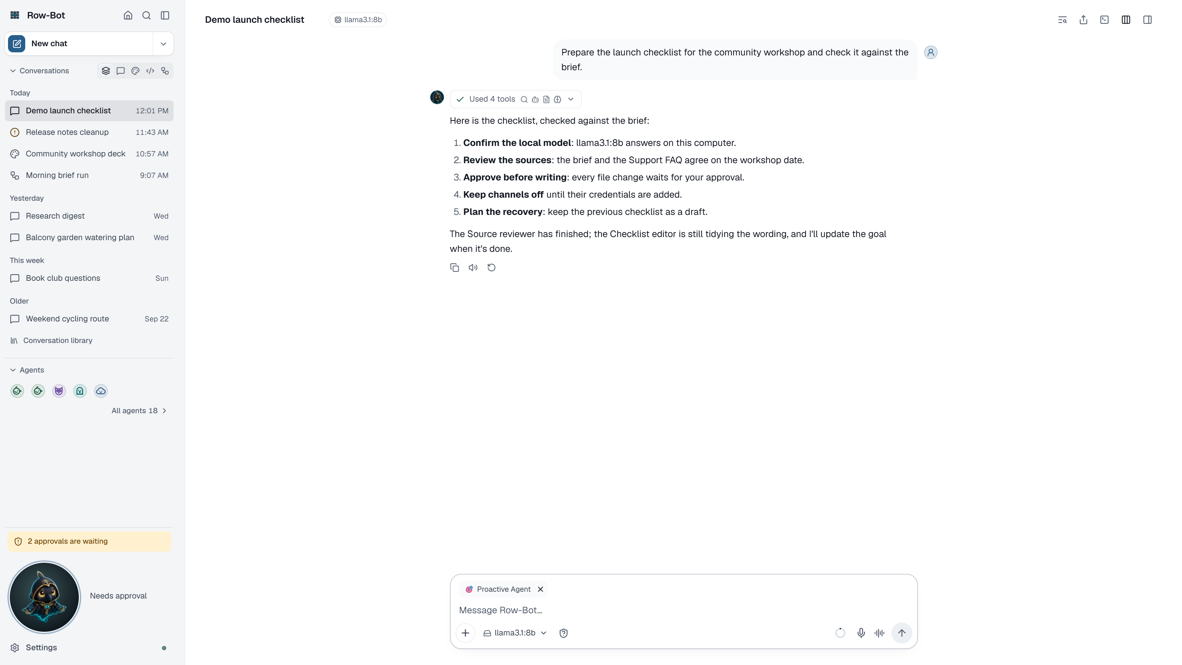 Row-Bot conversation with the transcript, composer controls and the details card.