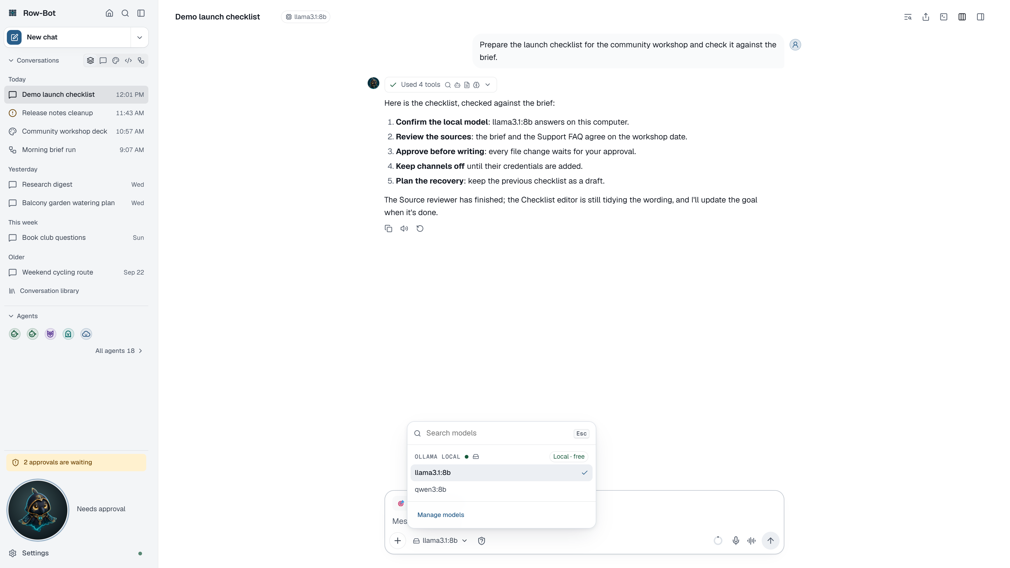 Row-Bot model picker open in the composer, grouped by provider with search.
