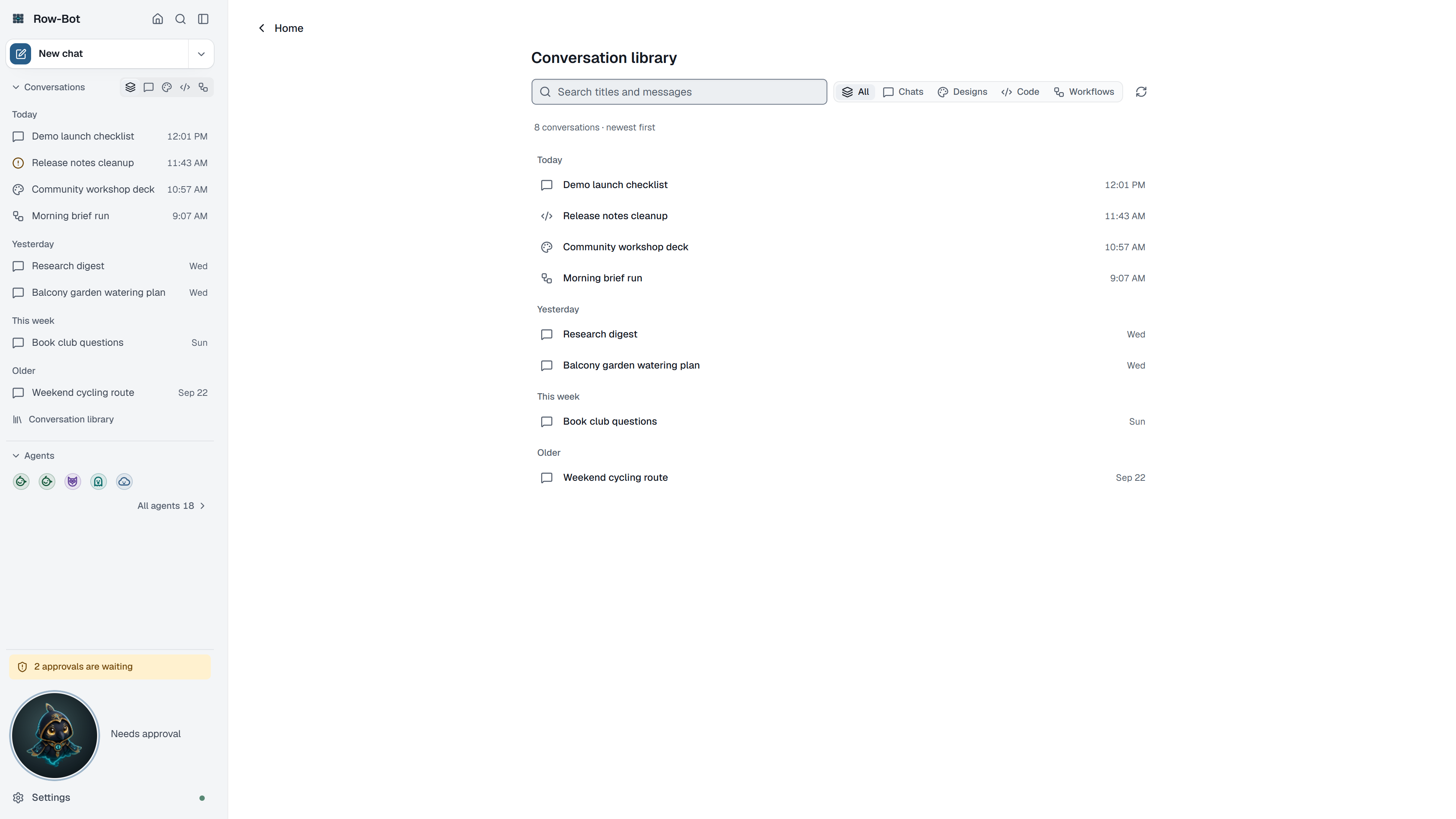 Row-Bot conversation library with search, the type filter and selected conversations.