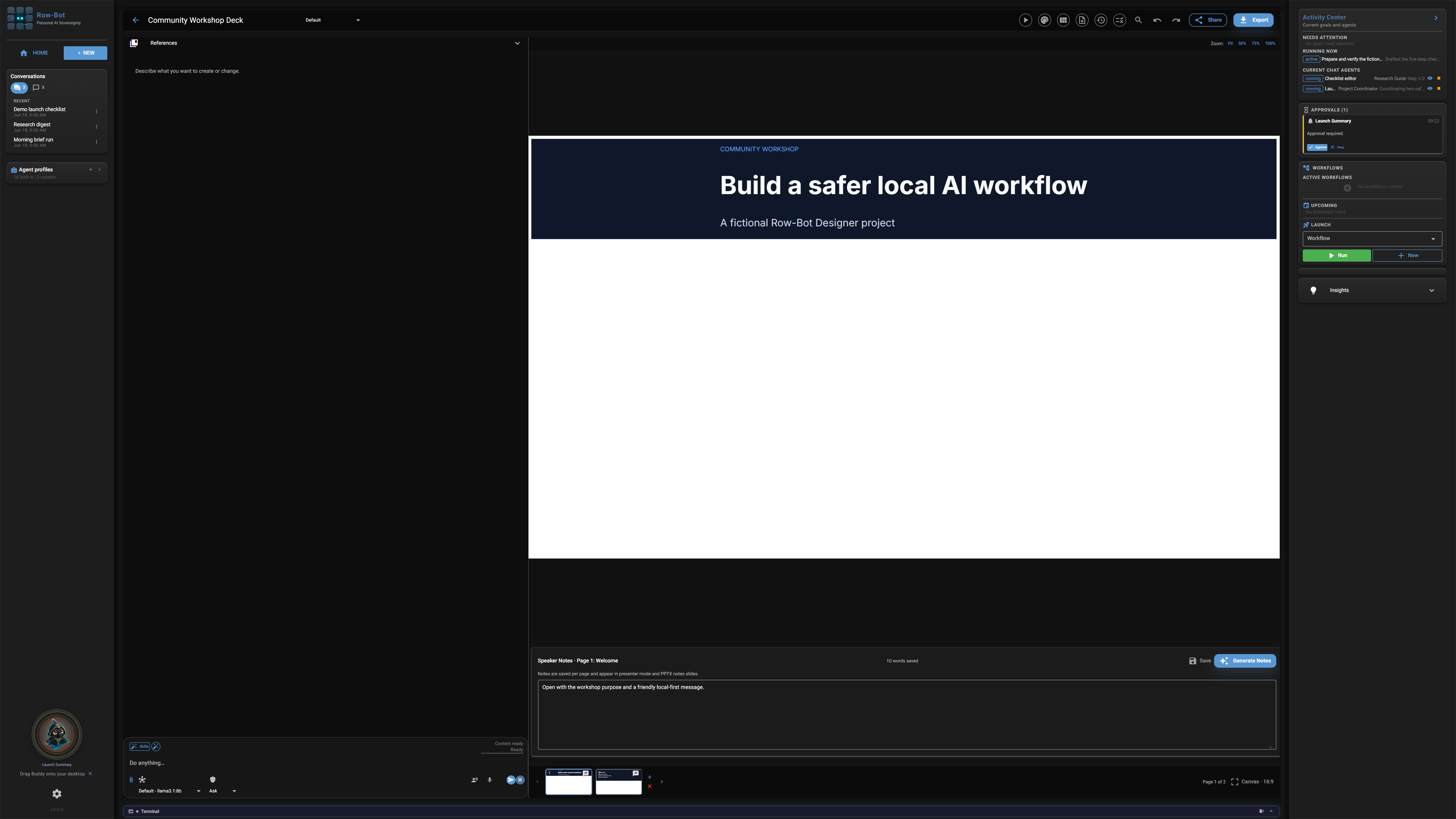 Row-Bot Designer Studio editor with a fictional workshop presentation.