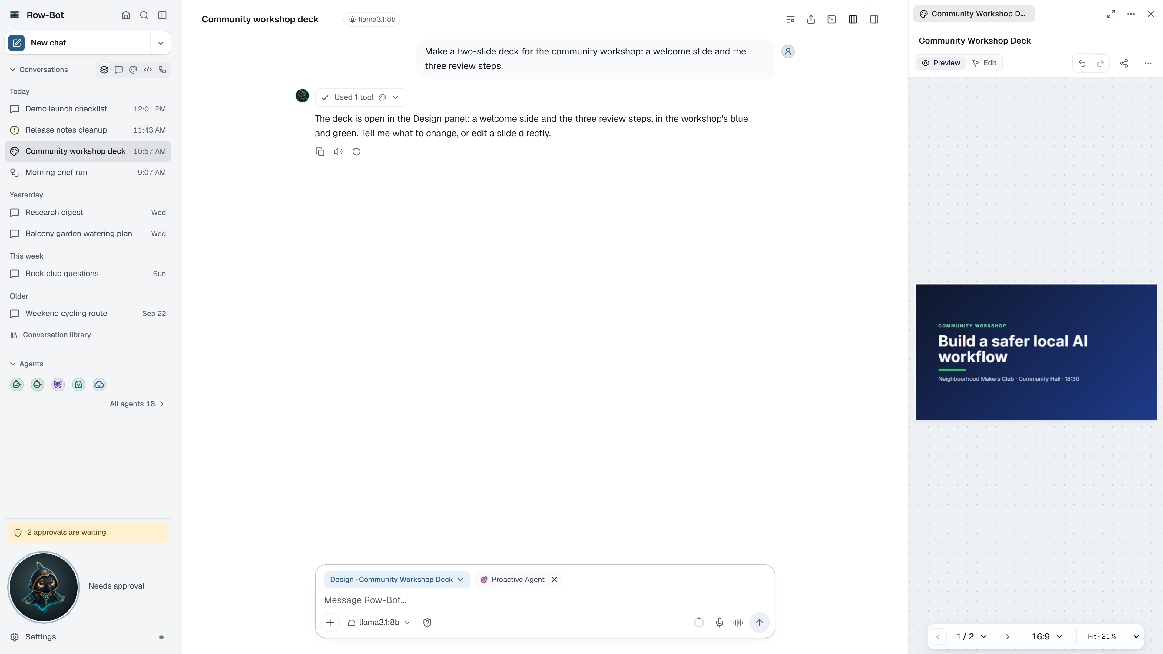 A conversation with its Design panel open on a fictional two-page presentation.