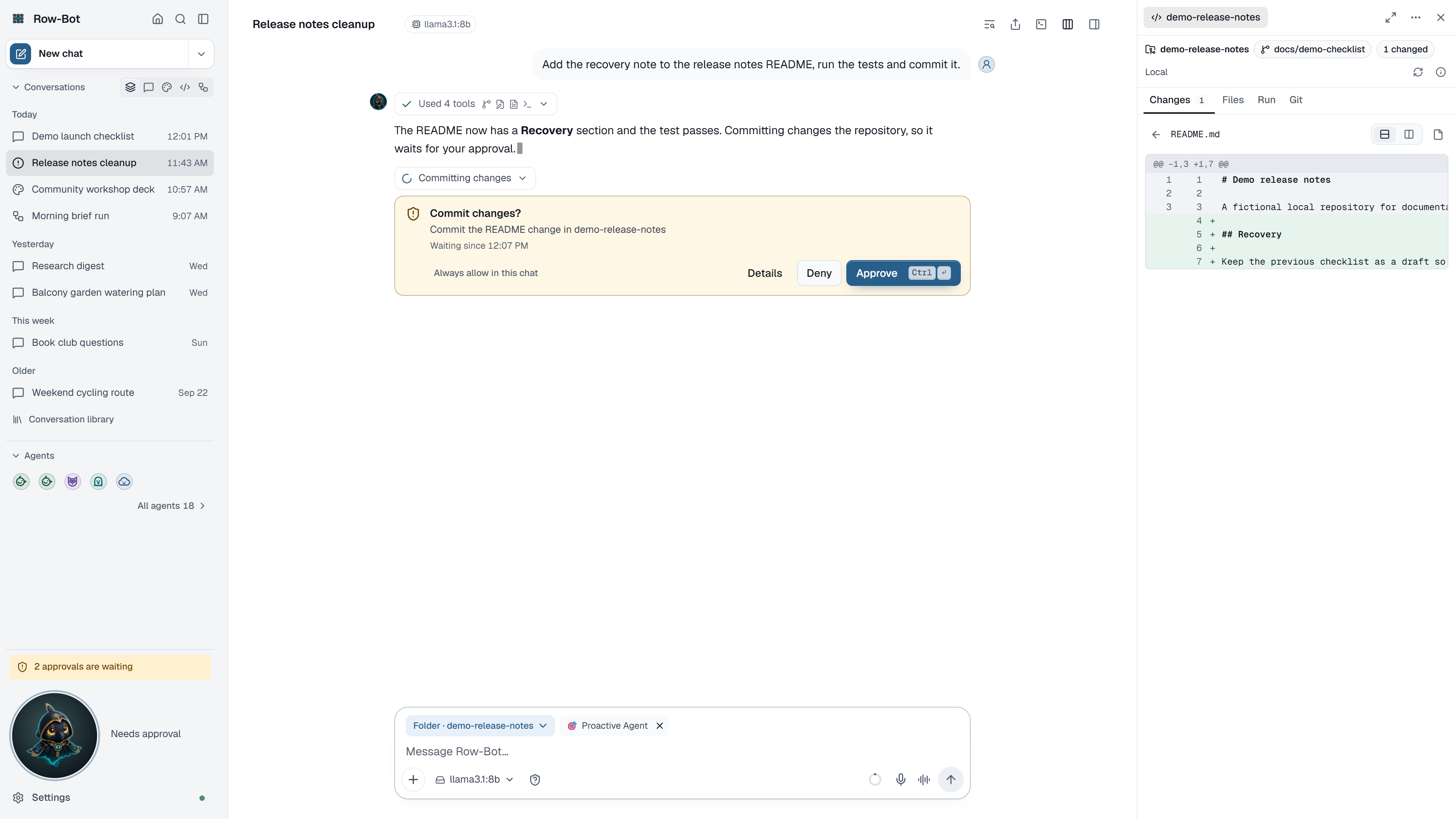 A conversation with its Developer panel open on an isolated demonstration repository.
