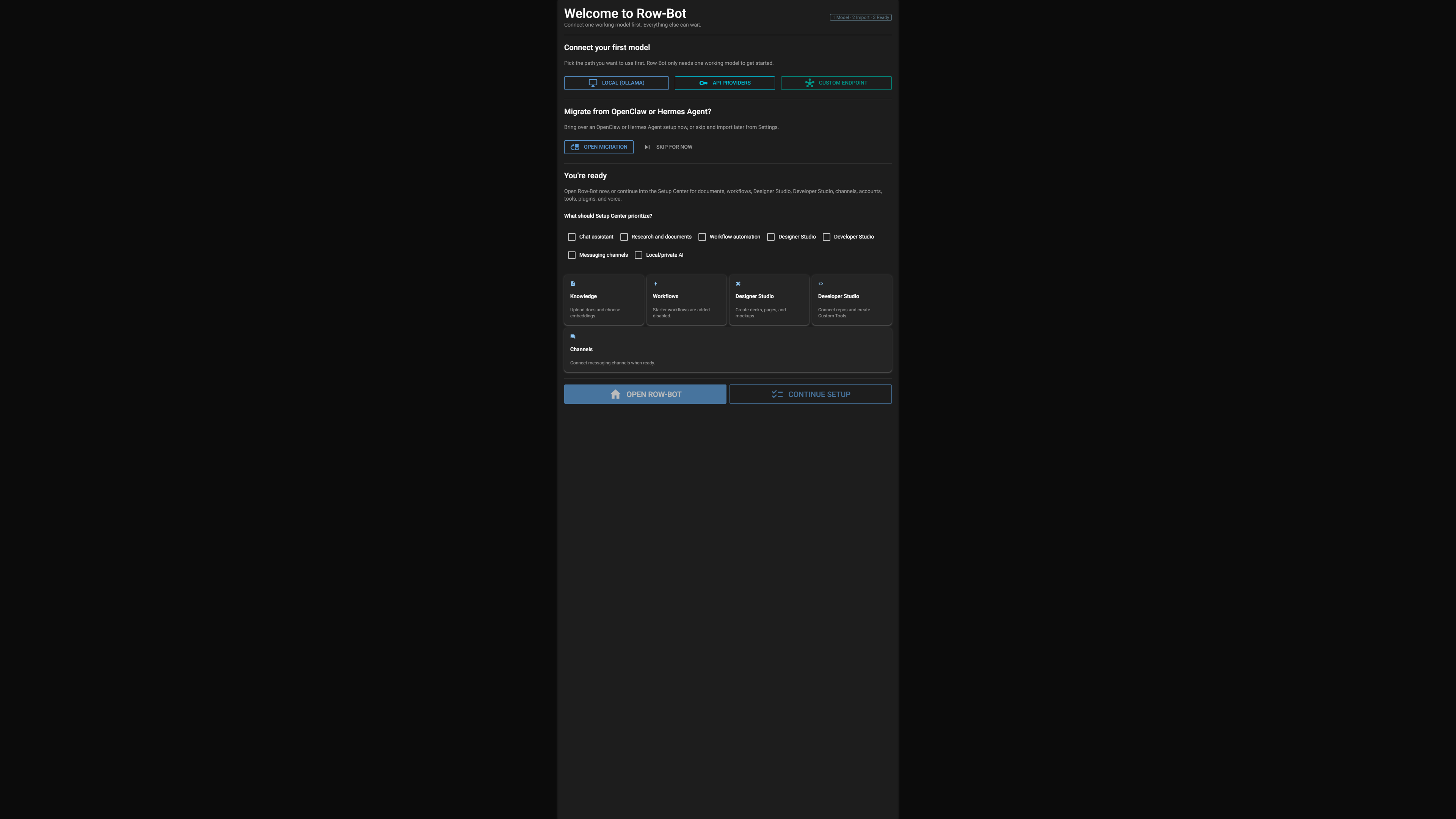 Row-Bot first launch setup wizard.