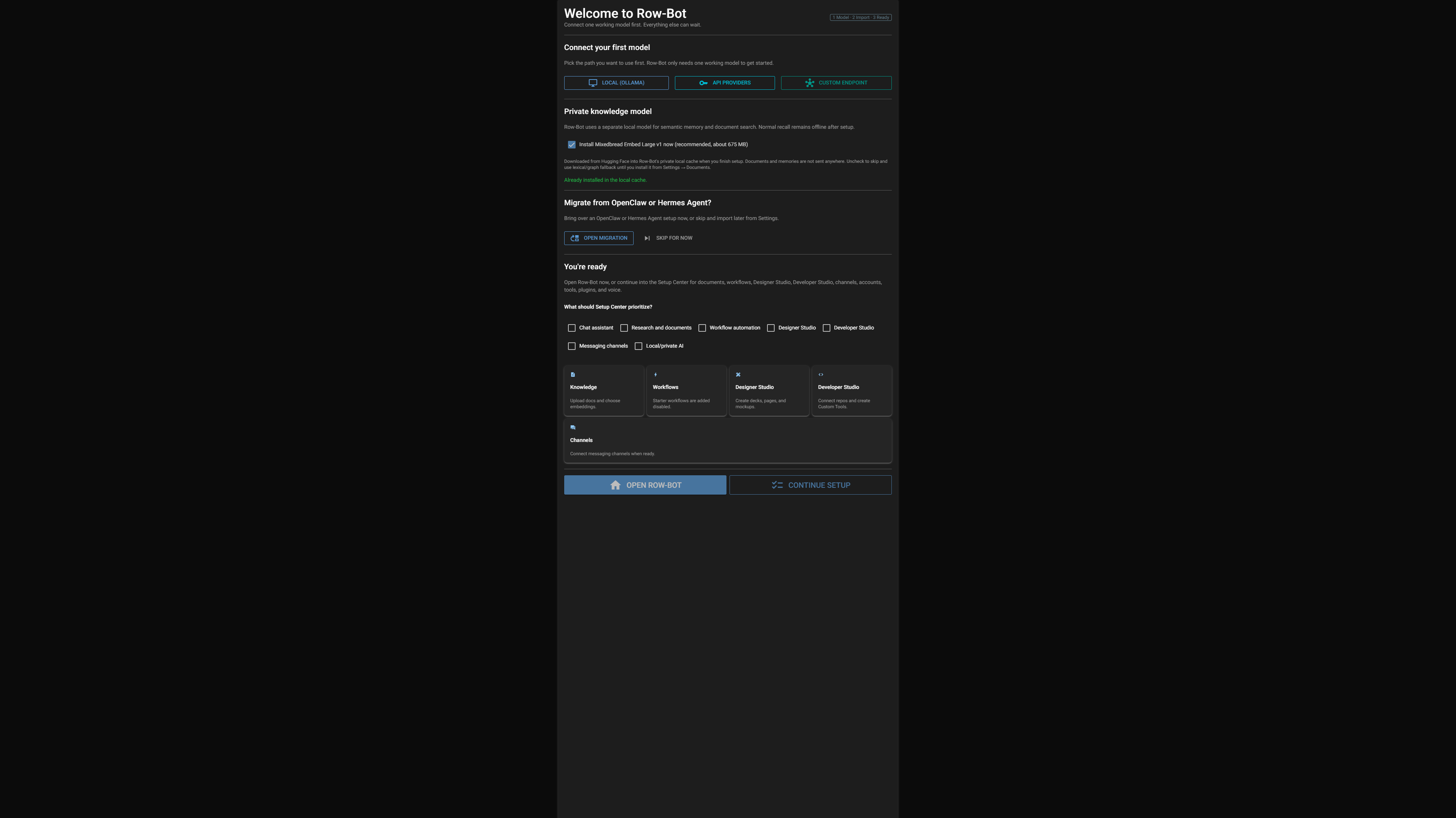 Row-Bot first launch setup wizard.