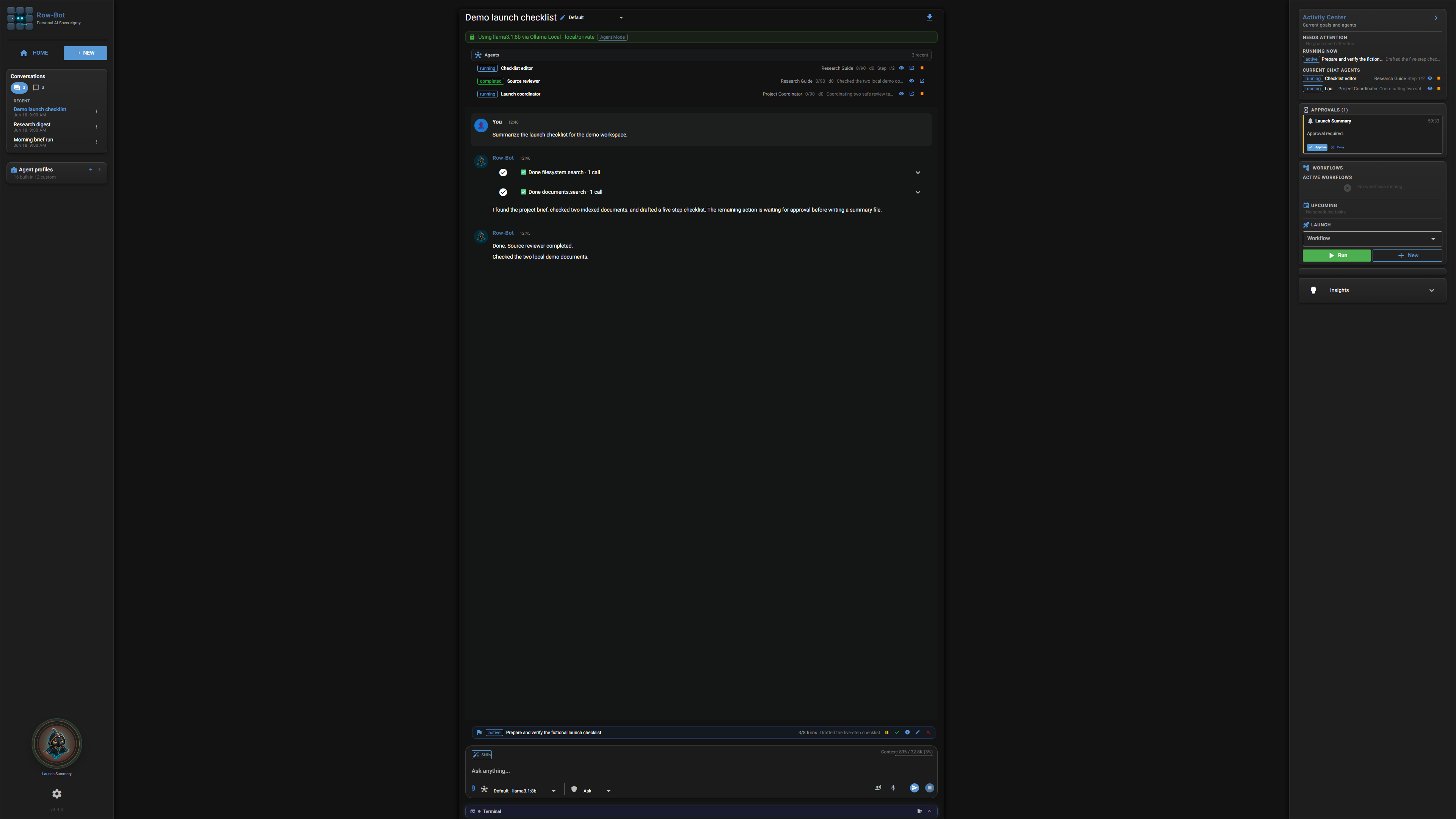Row-Bot active goal and delegated agents for a fictional launch checklist.
