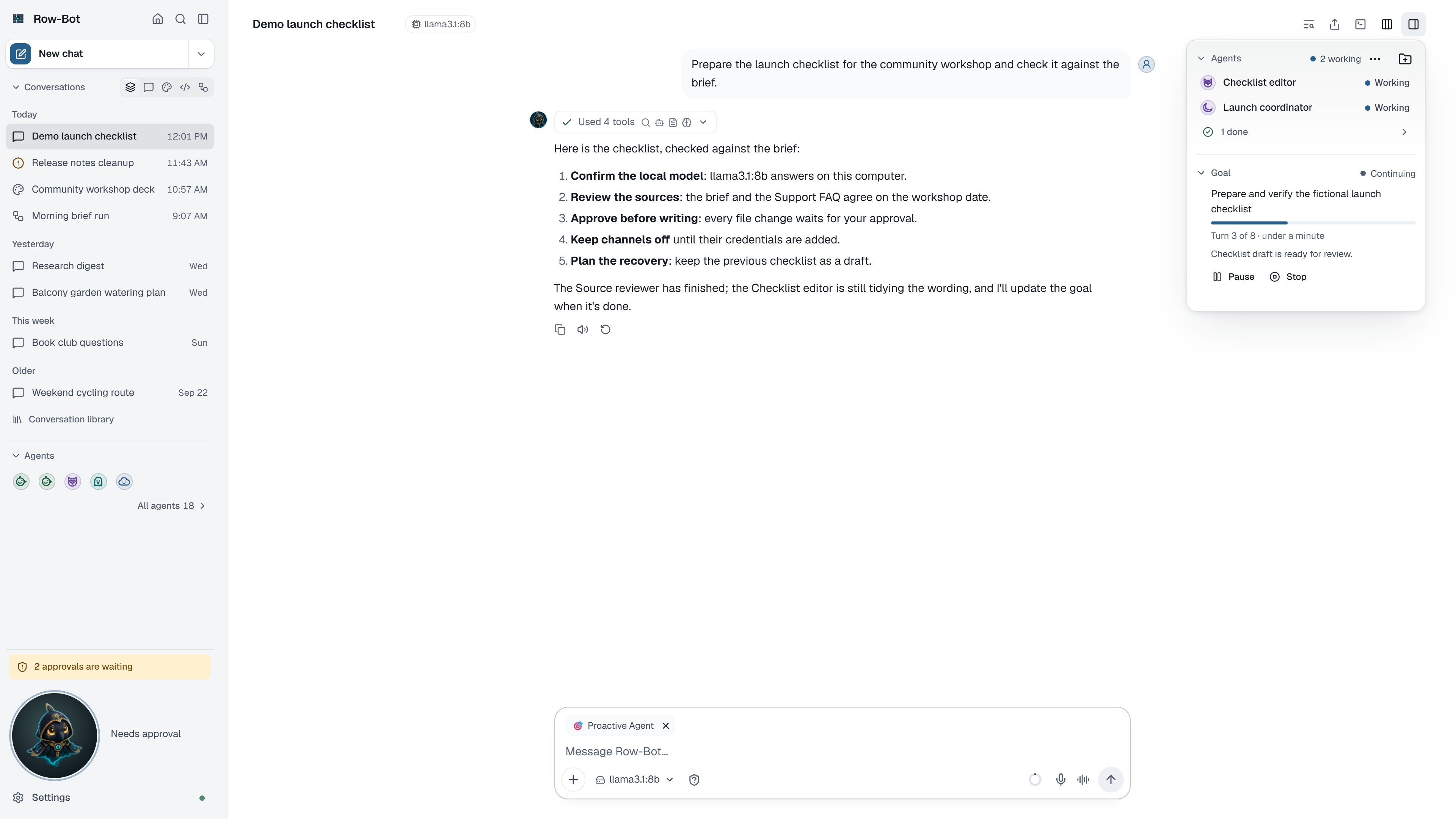 Row-Bot conversation details card with an active goal and the agents it delegated to.