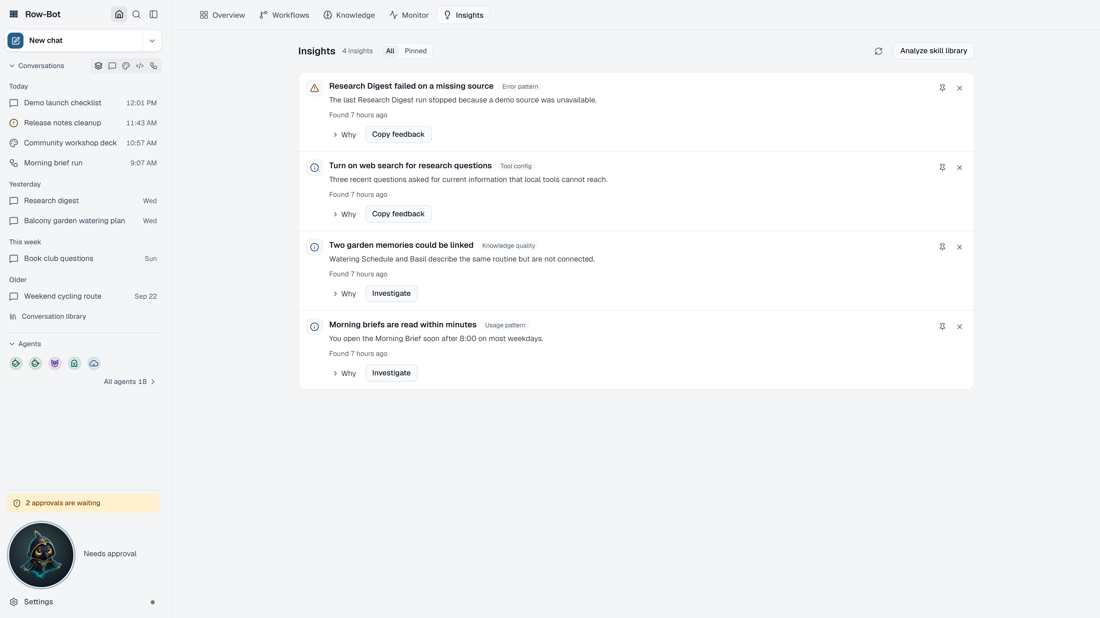 Row-Bot Home Insights tab listing insights with their severity, suggestion and proposals.