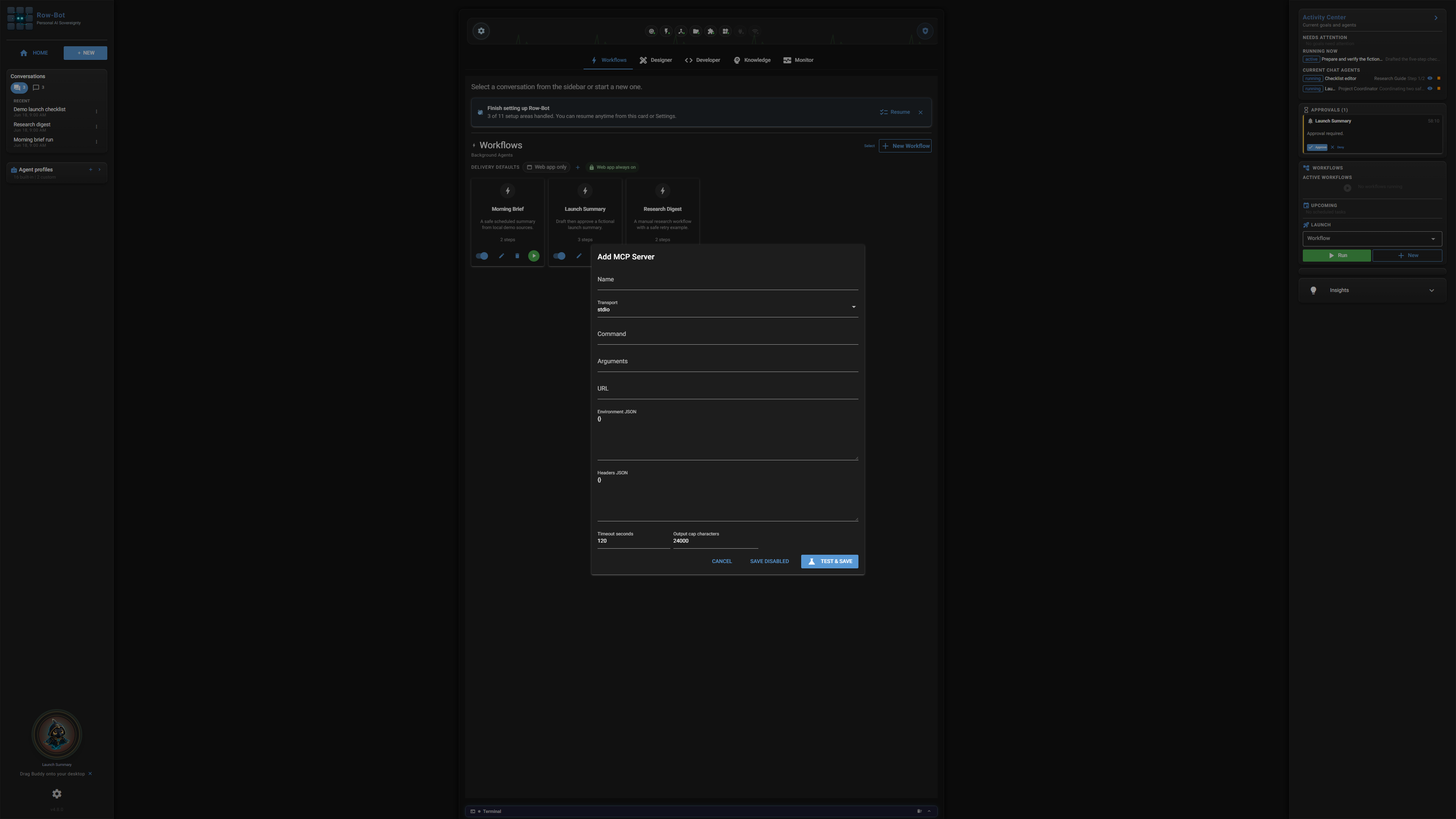 Row-Bot Add MCP Server dialog.
