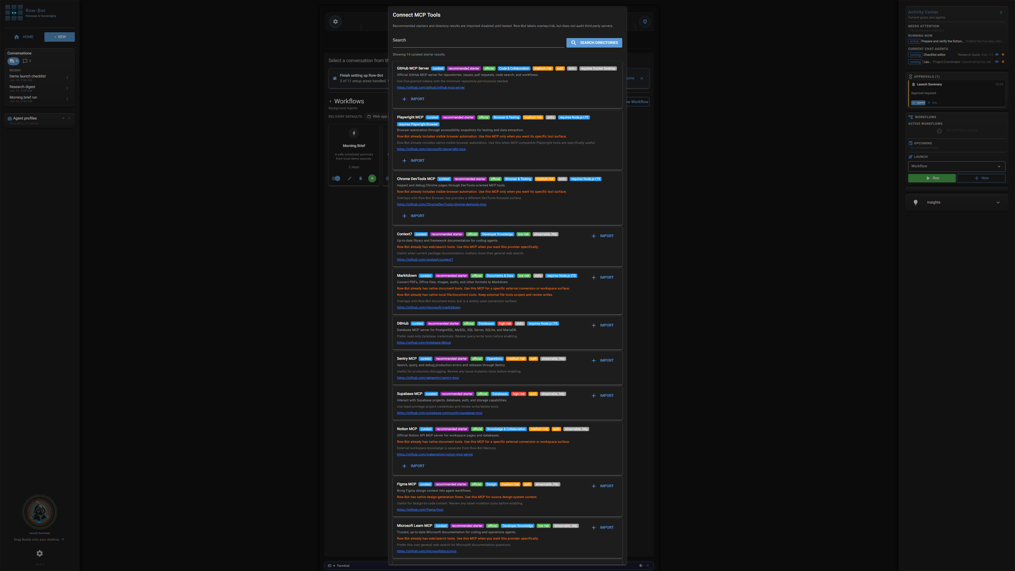 Row-Bot Browse MCP Servers marketplace with bundled starter servers.