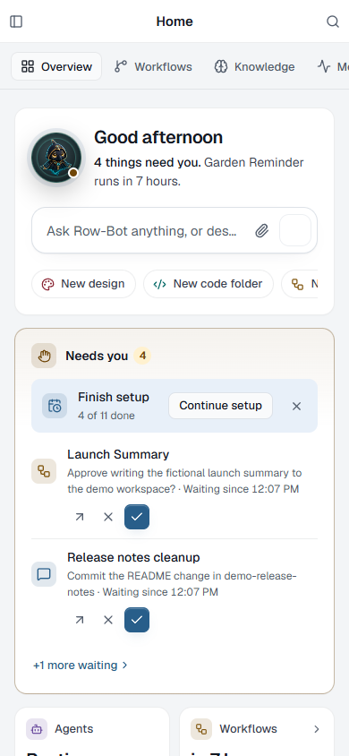 Phone-sized Row-Bot Home Overview with Needs you and the live status.