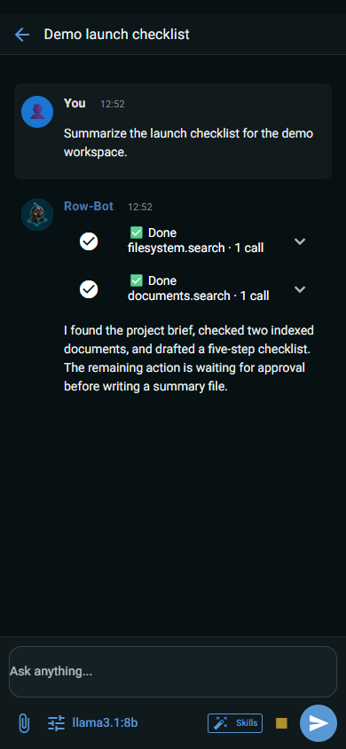 Android-sized Row-Bot chat detail for a fictional launch checklist.