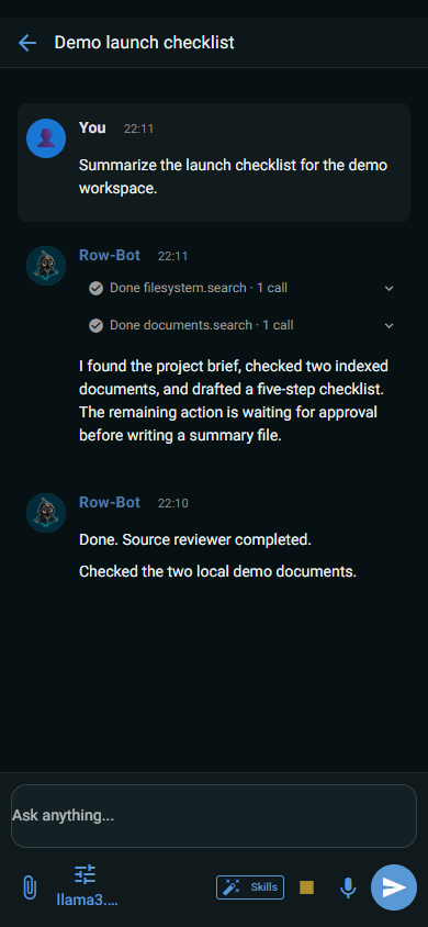 Android-sized Row-Bot chat detail for a fictional launch checklist.