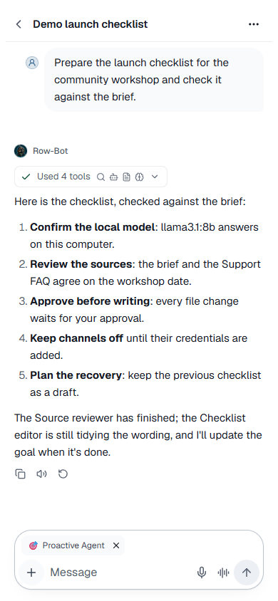 Phone-sized Row-Bot conversation for a fictional launch checklist.
