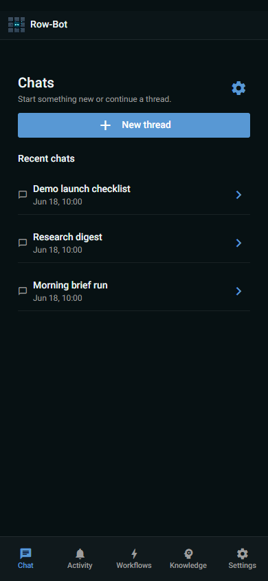 Android-sized Row-Bot chat list with fictional conversations.