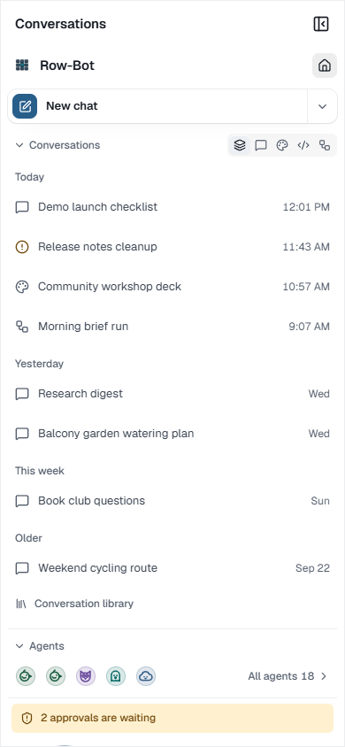 Phone-sized Row-Bot sidebar with New chat, Home, Agents and fictional conversations.