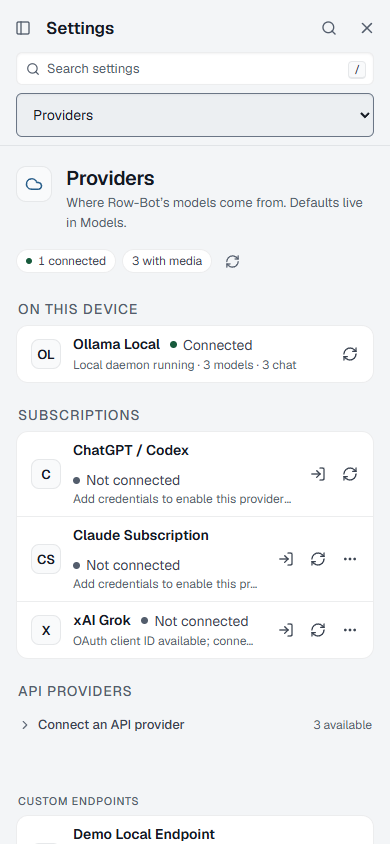 Phone-sized Row-Bot Providers settings with the Settings section list.