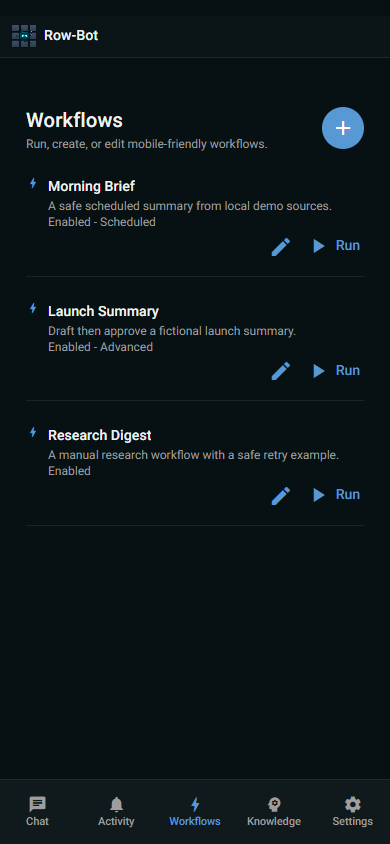 Android-sized Row-Bot Workflows view.