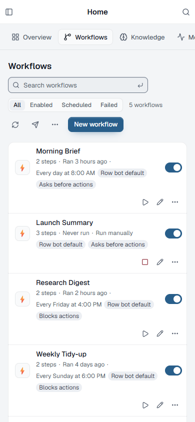 Phone-sized Row-Bot Workflows tab.