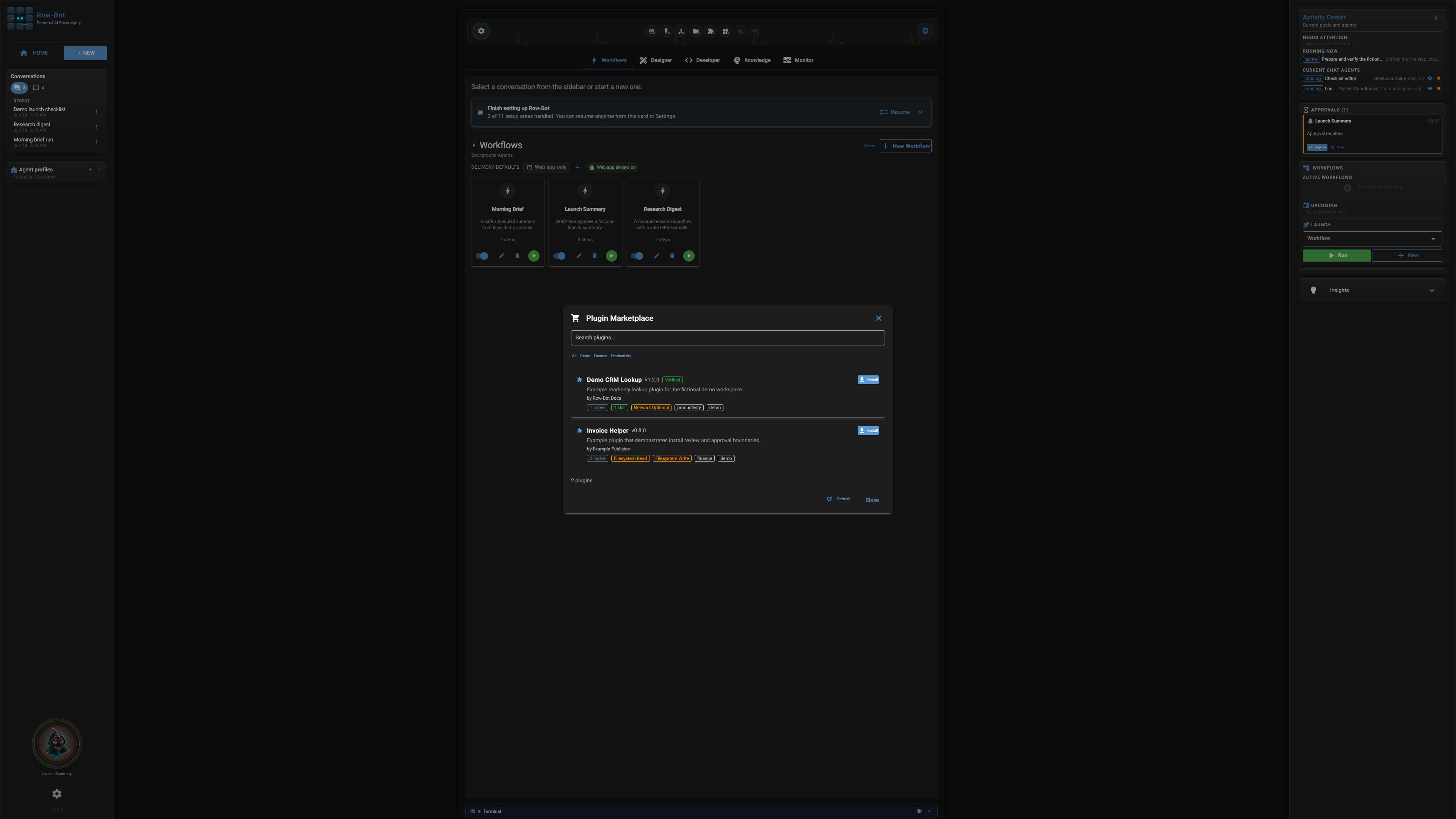 Offline Row-Bot Plugin Marketplace with fictional entries.