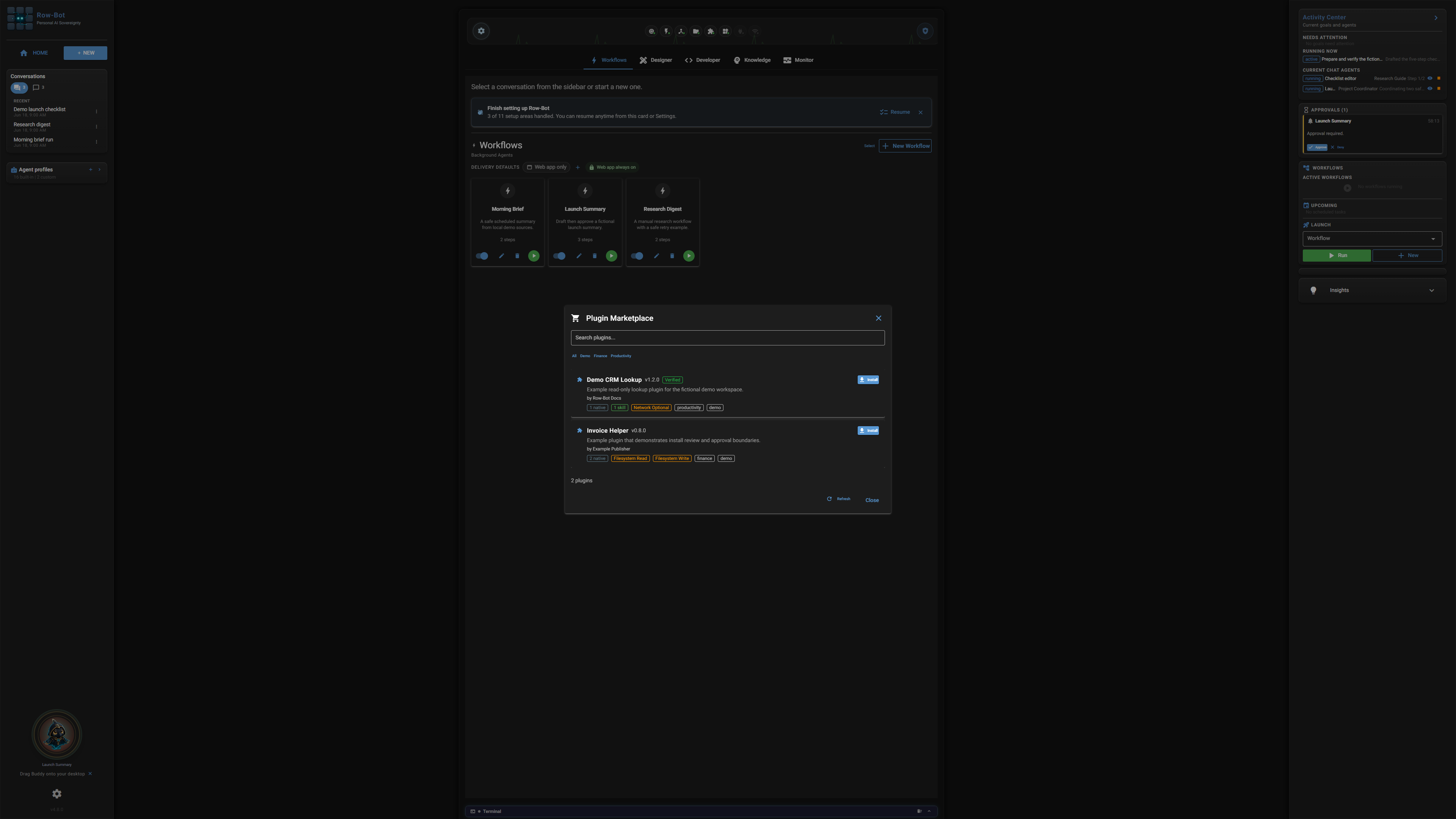 Offline Row-Bot Plugin Marketplace with fictional entries.