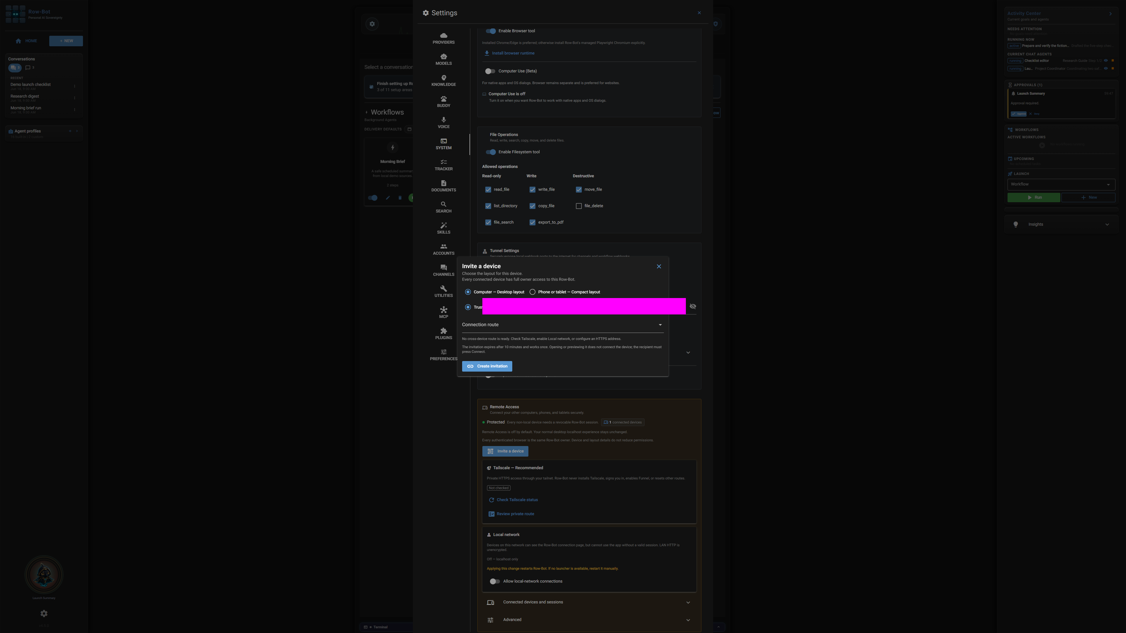 Row-Bot device invitation dialog.