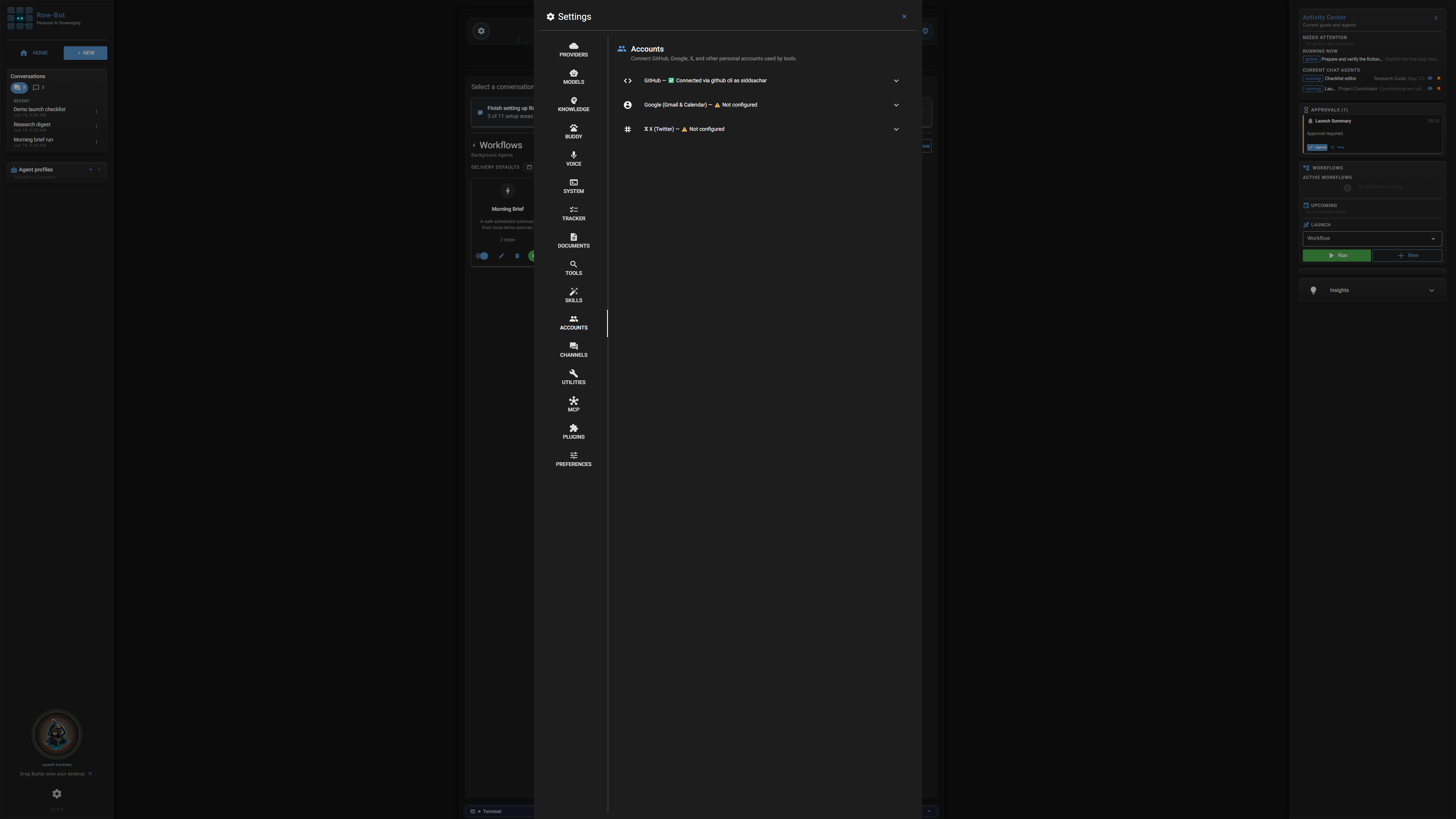 Settings: Accounts in Row-Bot.