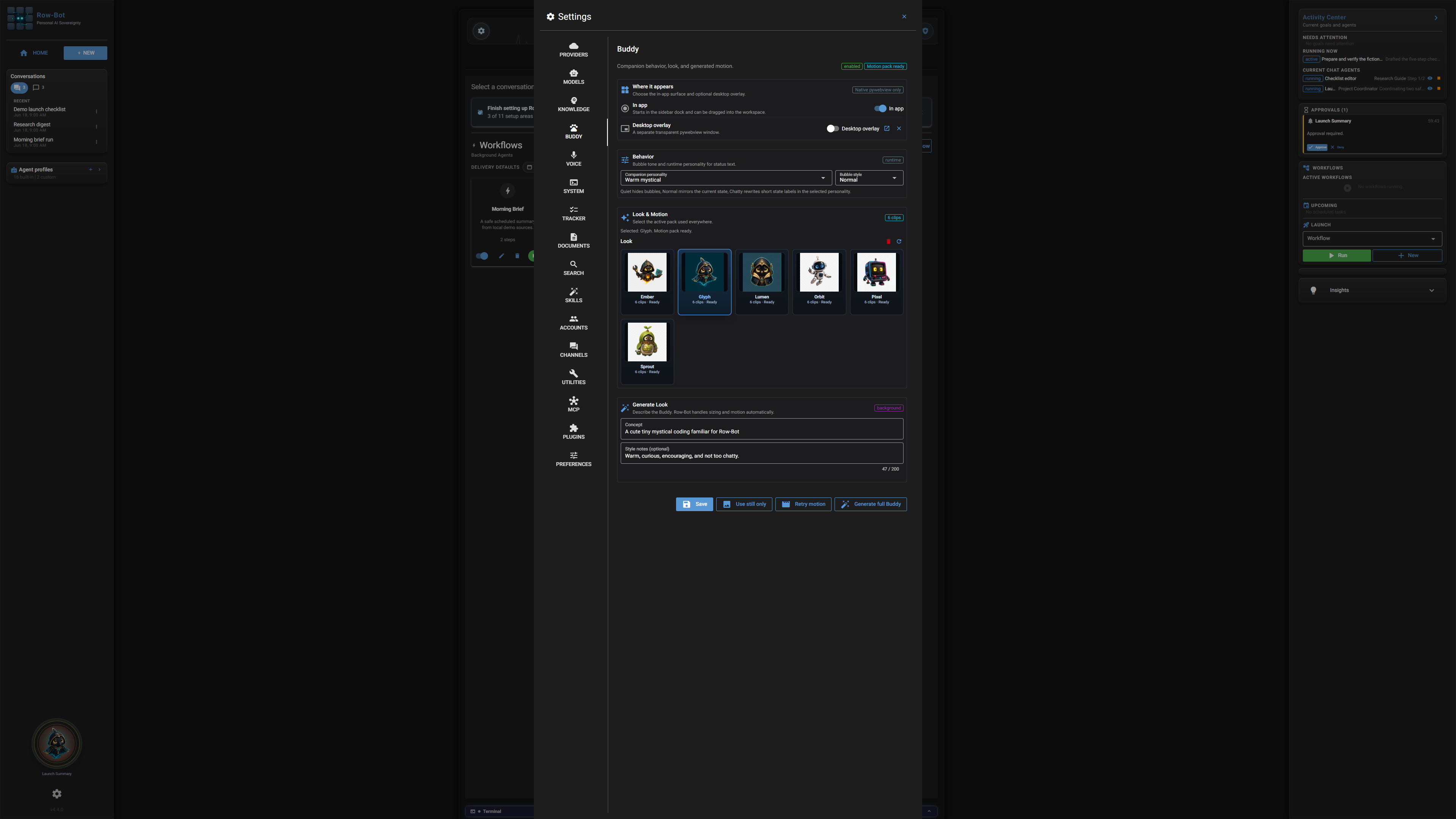 Settings: Buddy in Row-Bot.