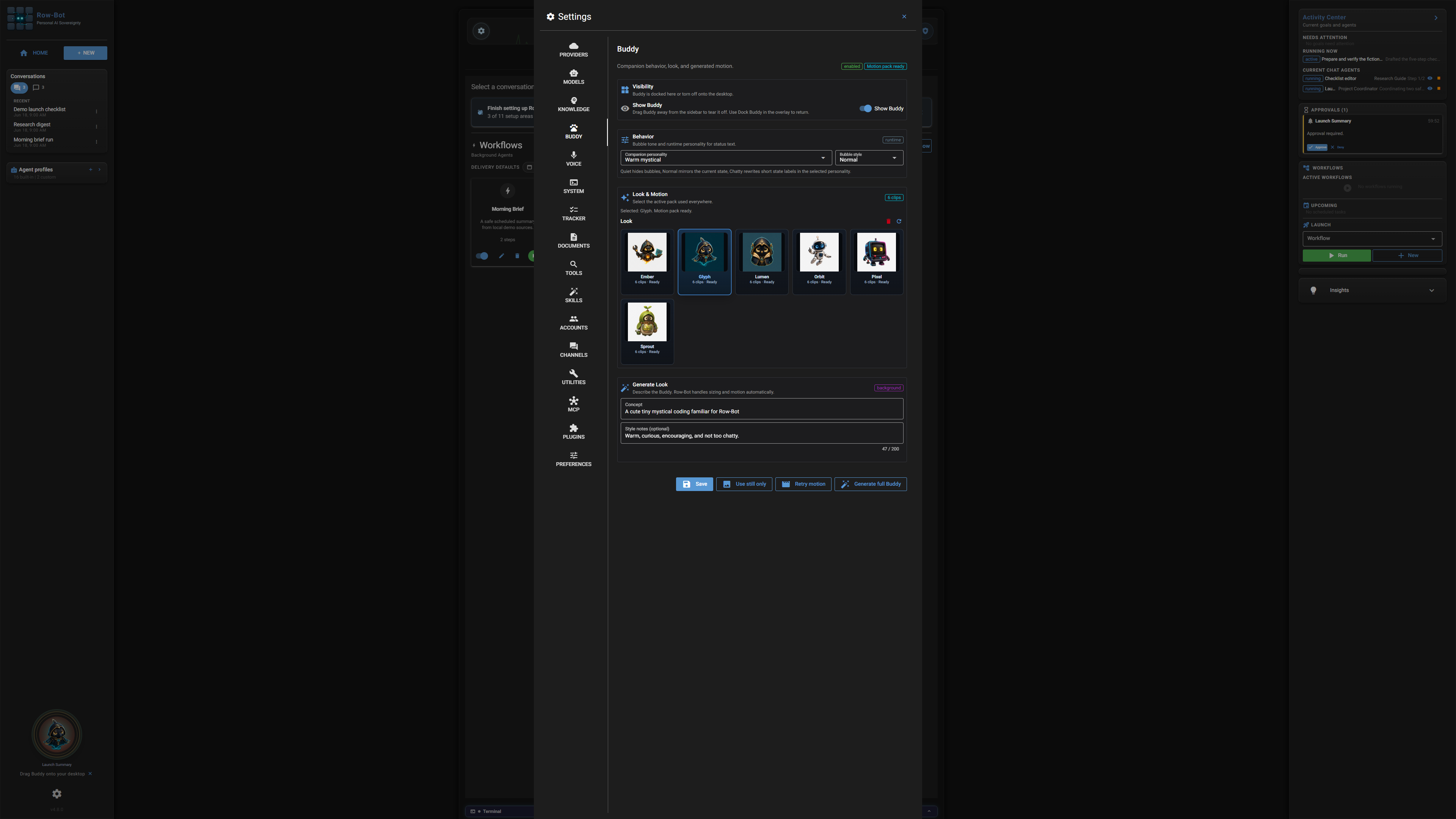 Settings: Buddy in Row-Bot.