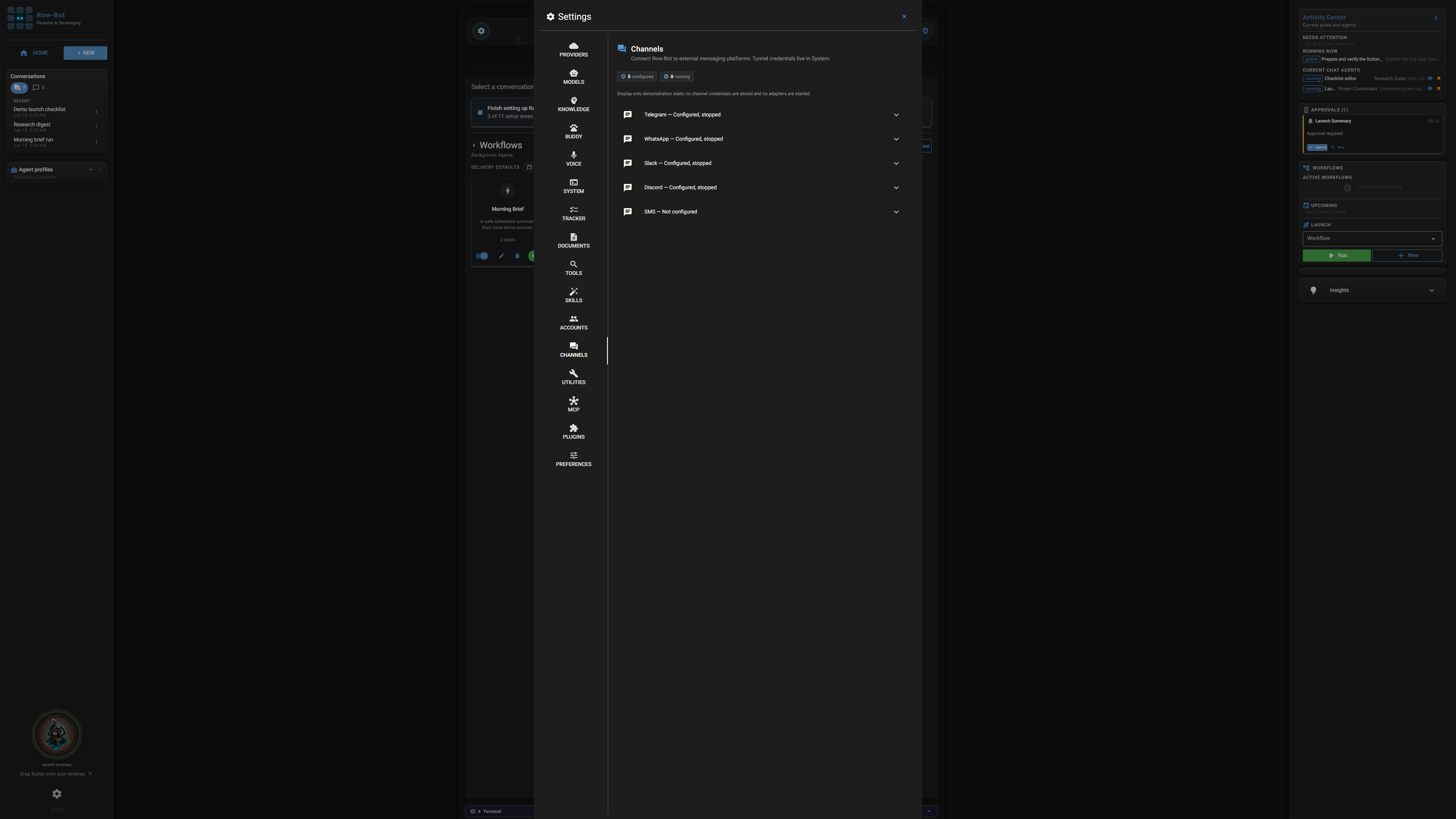 Row-Bot Channels settings.
