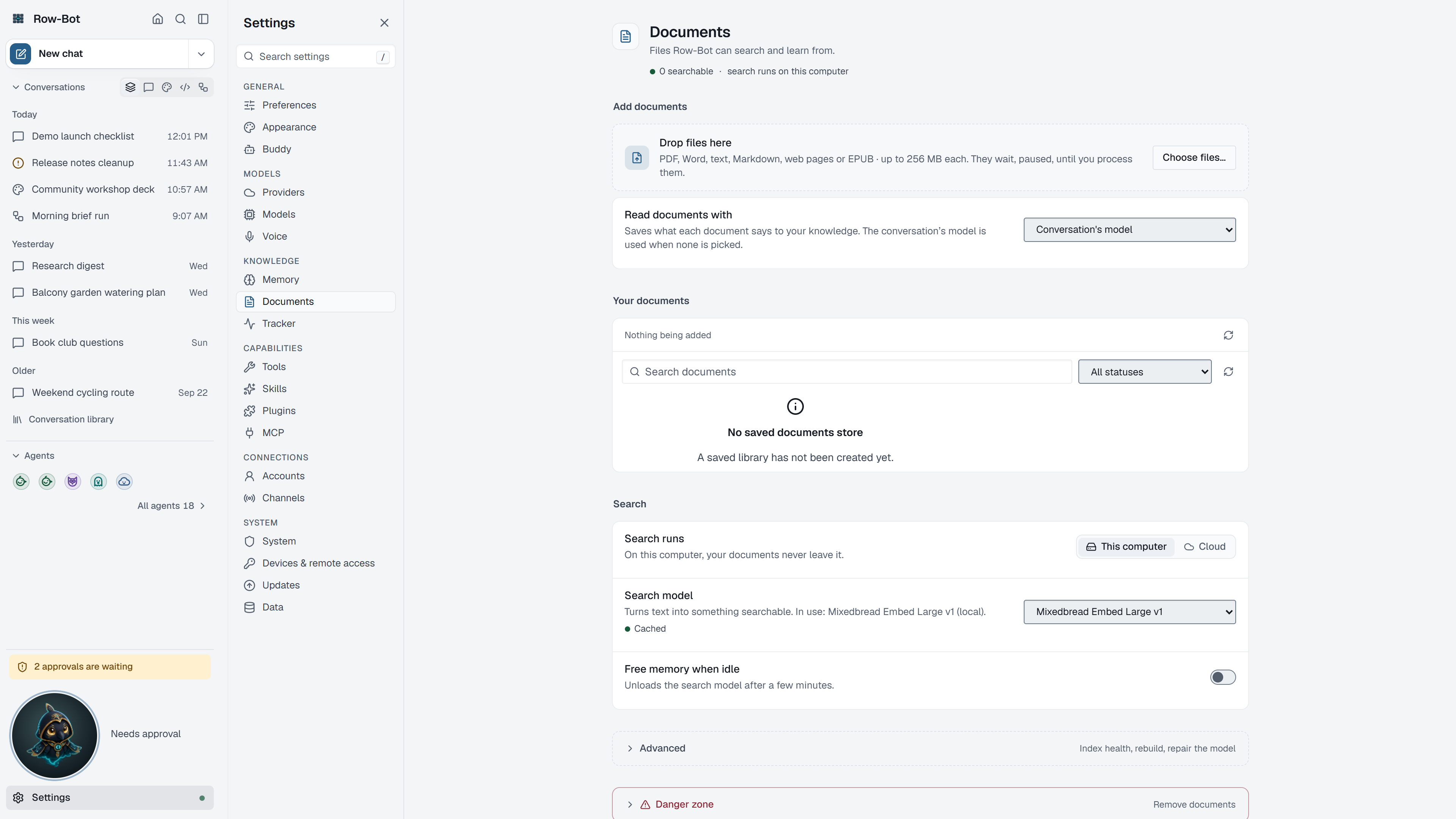 Row-Bot Documents settings showing the local search model and its download, retry, repair and rebuild controls.