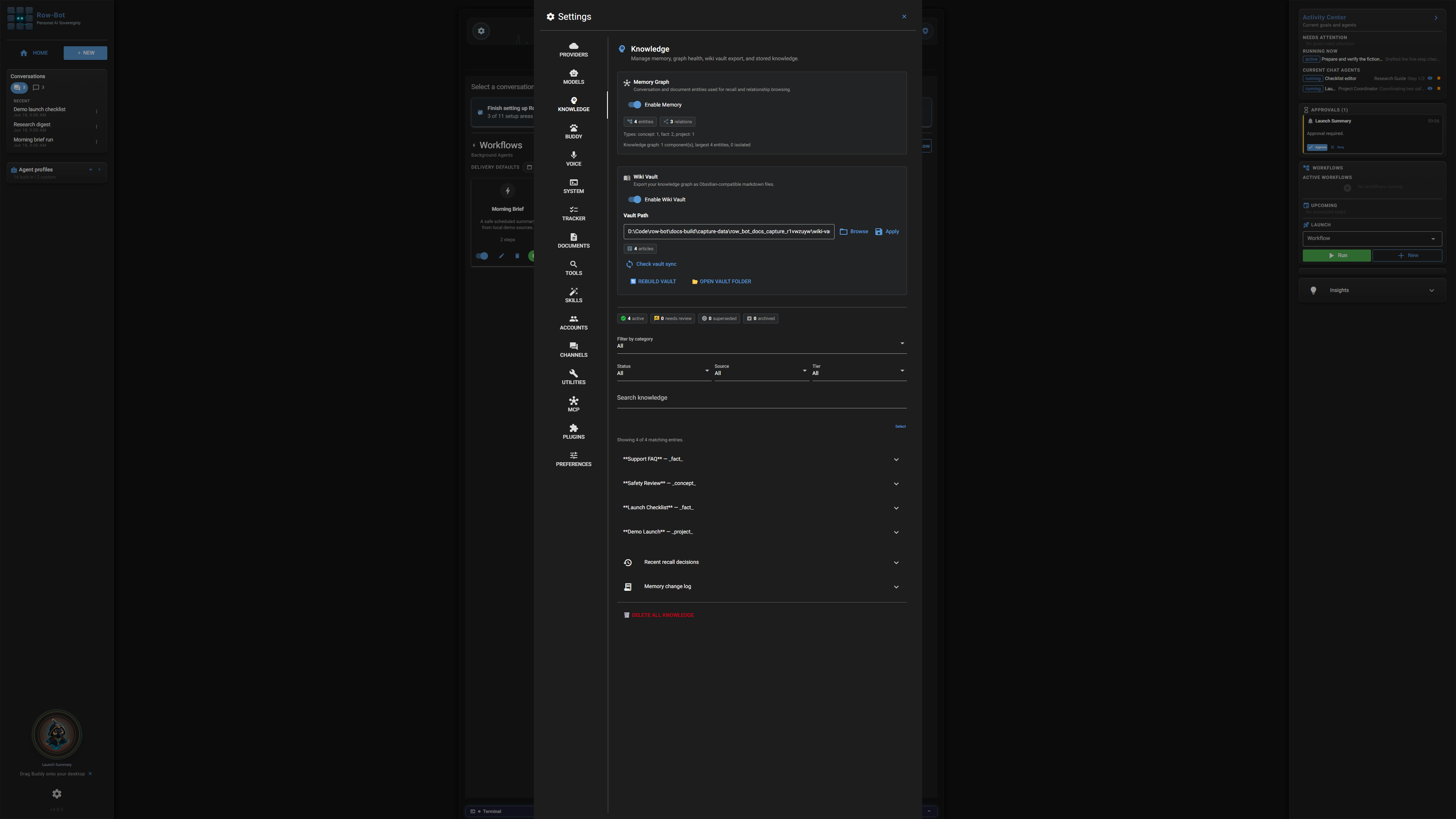 Row-Bot Knowledge settings.