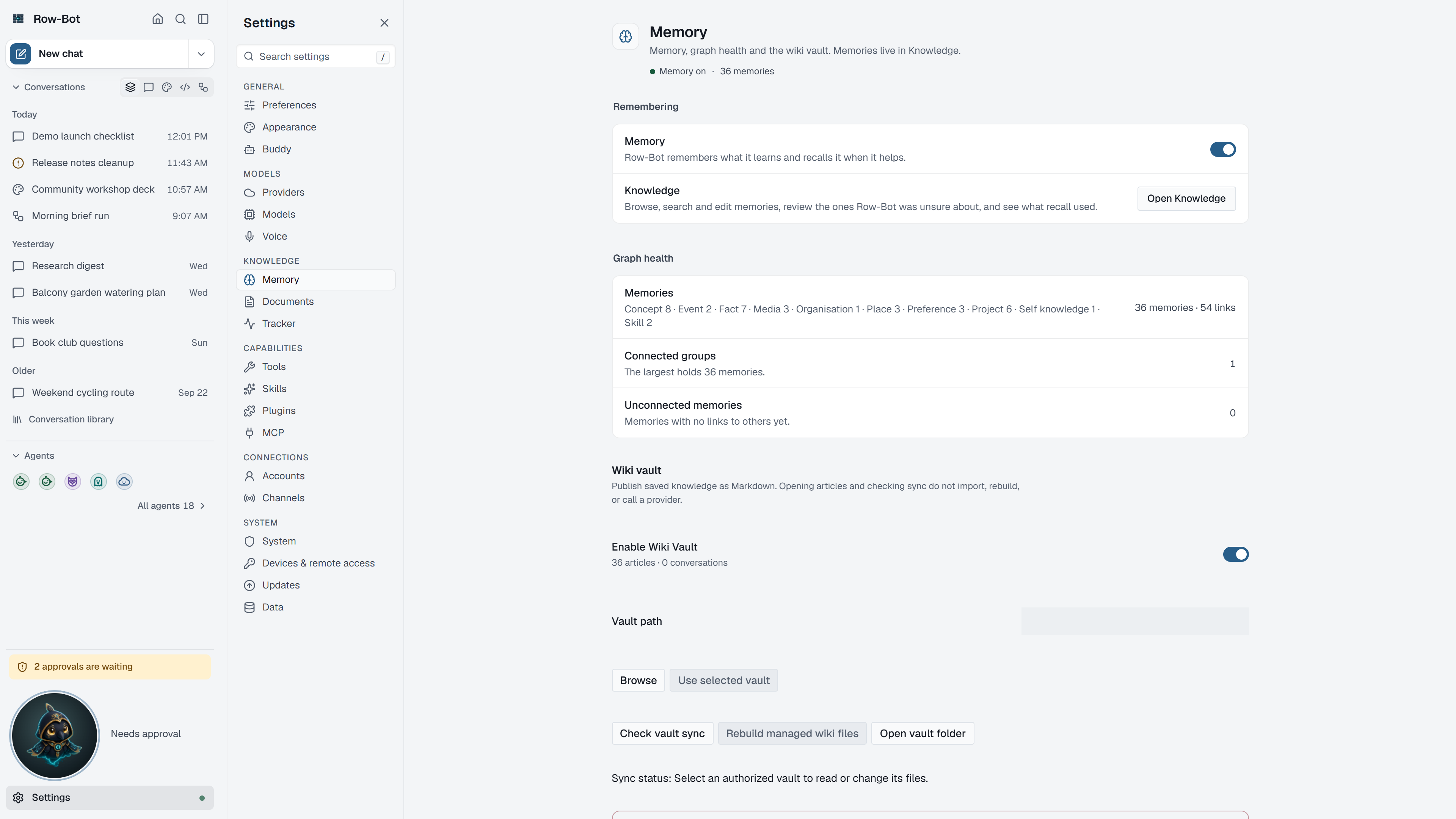 Settings: Memory in Row-Bot.