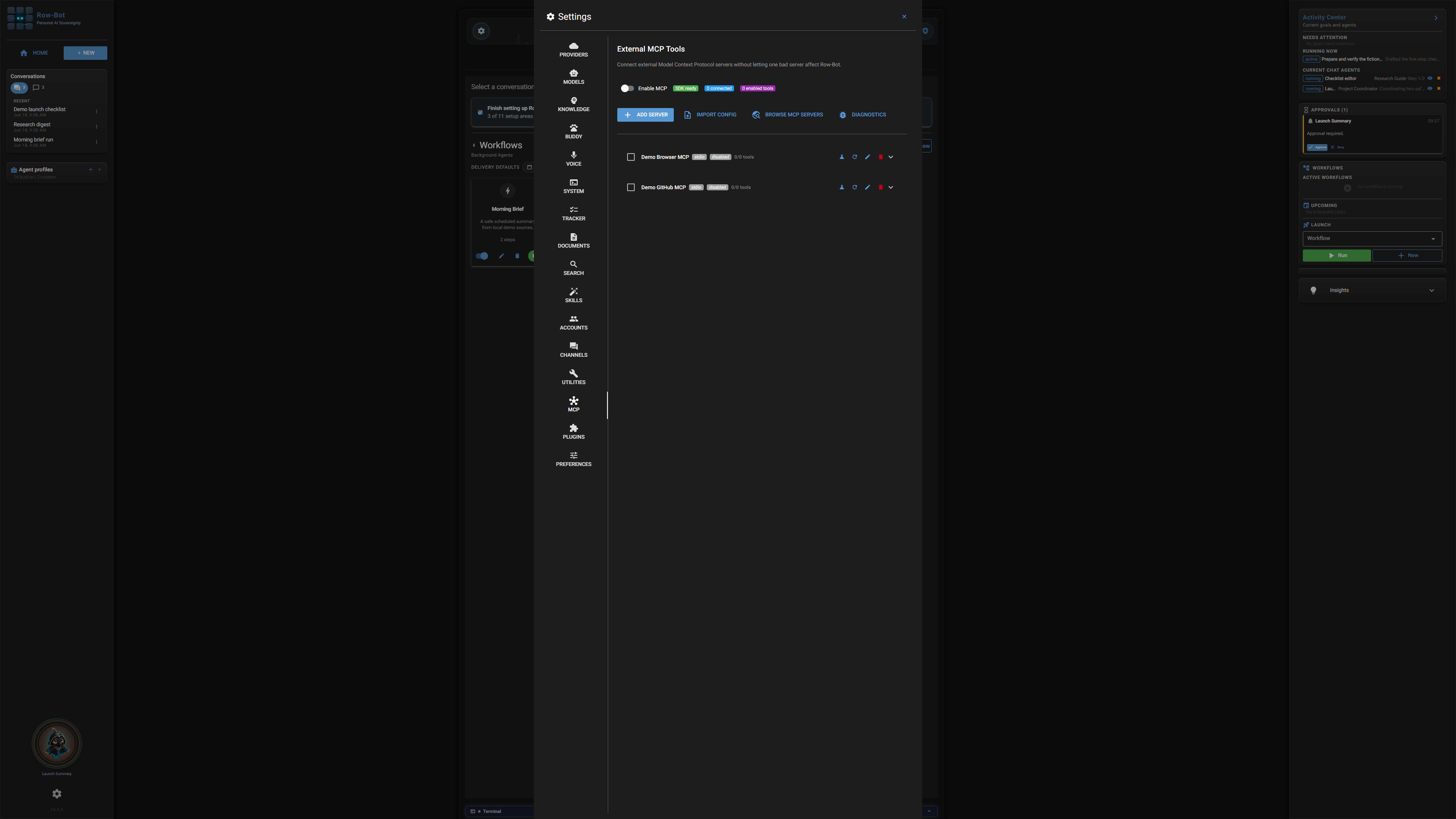 Settings: MCP in Row-Bot.