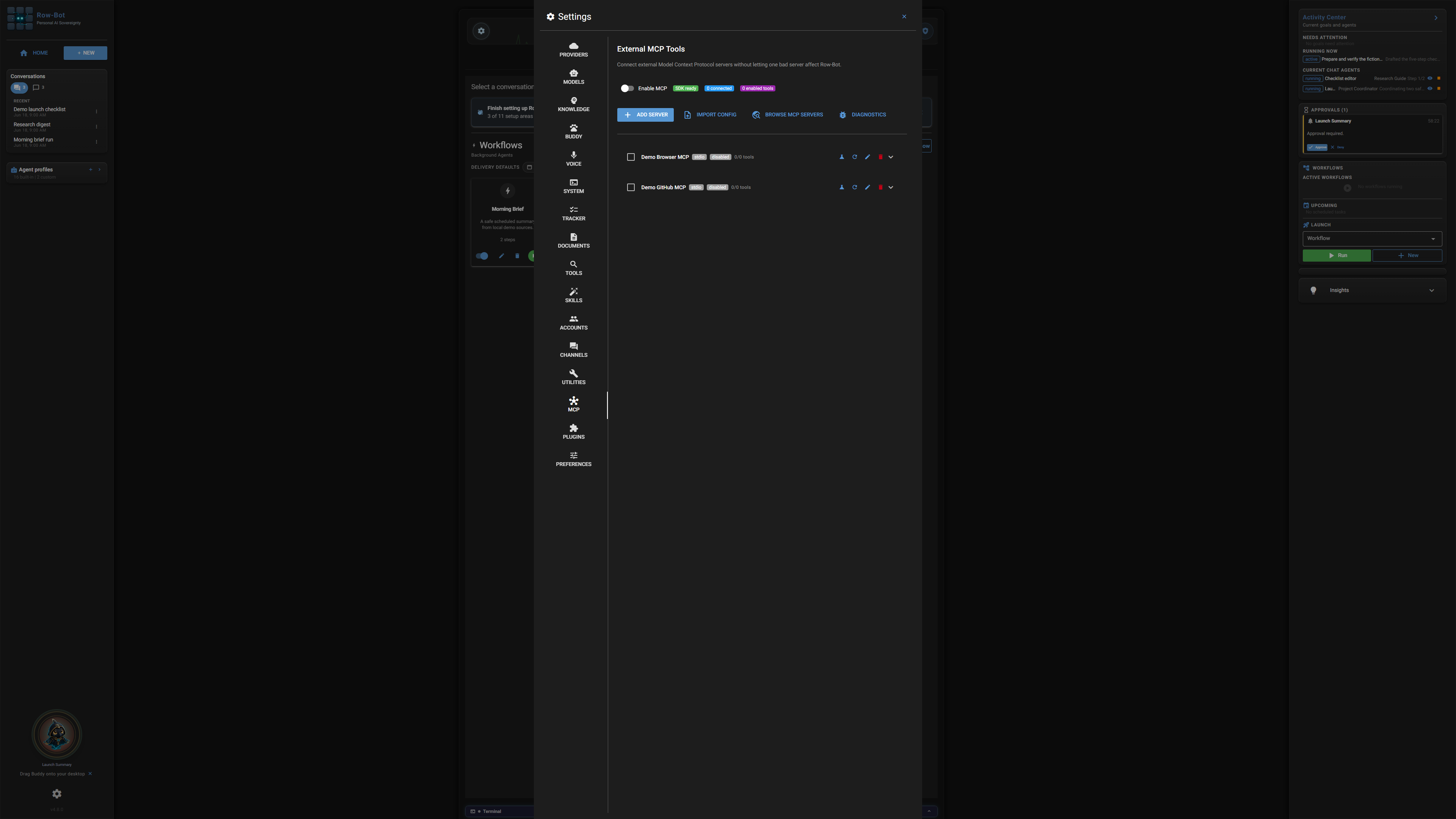 Settings: MCP in Row-Bot.