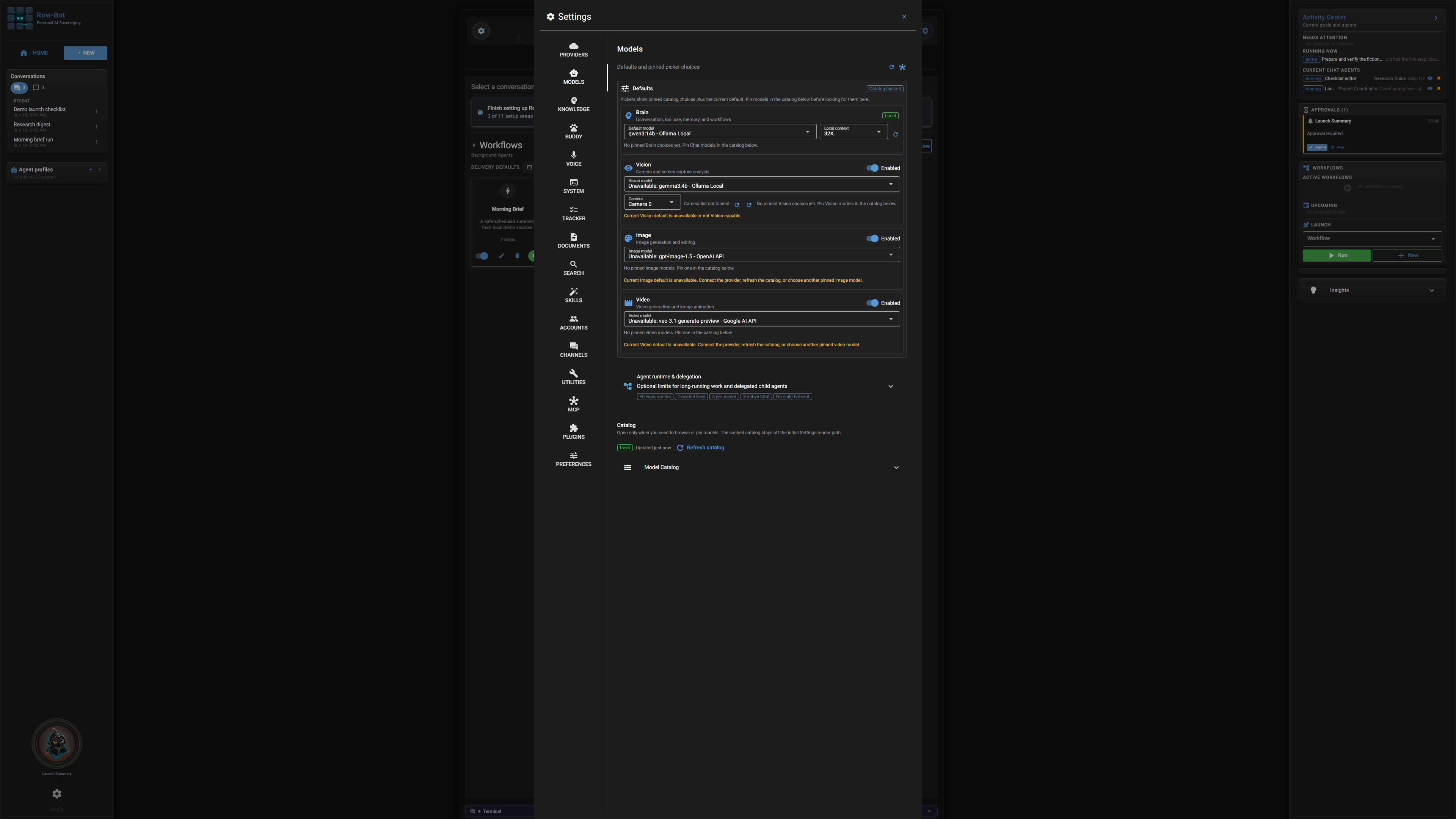 Settings: Models in Row-Bot.