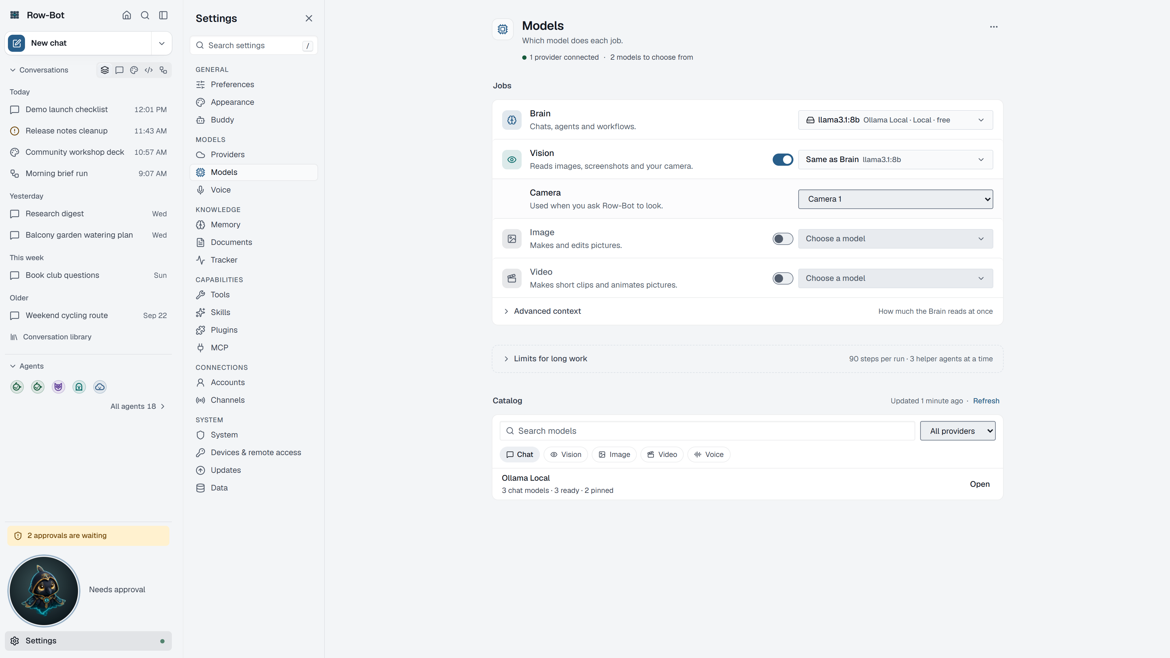 Settings: Models in Row-Bot.