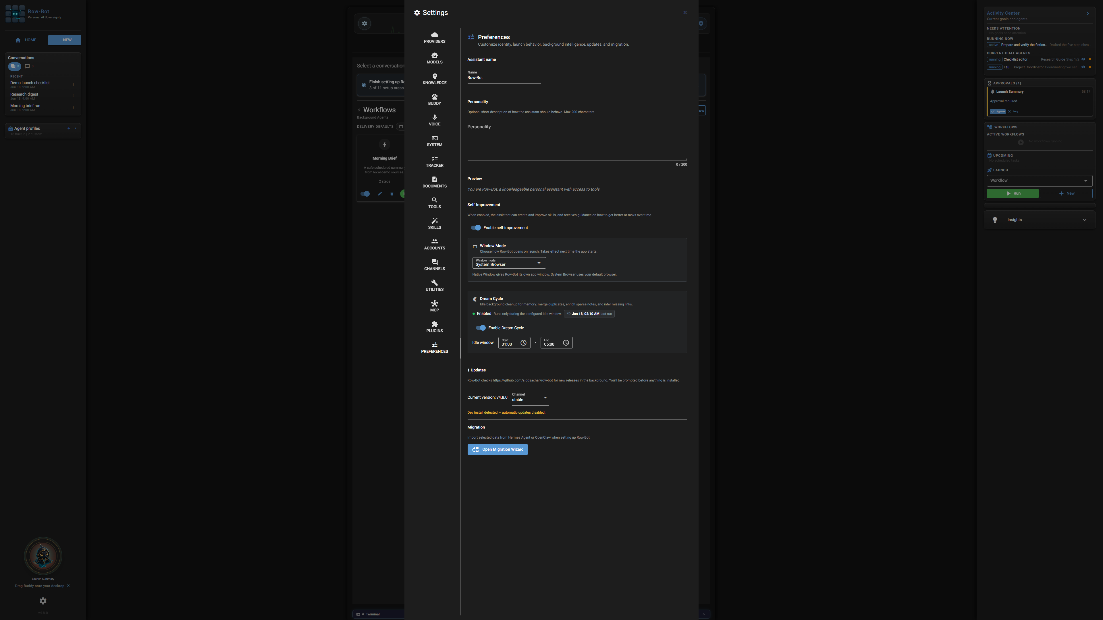 Settings: Preferences in Row-Bot.