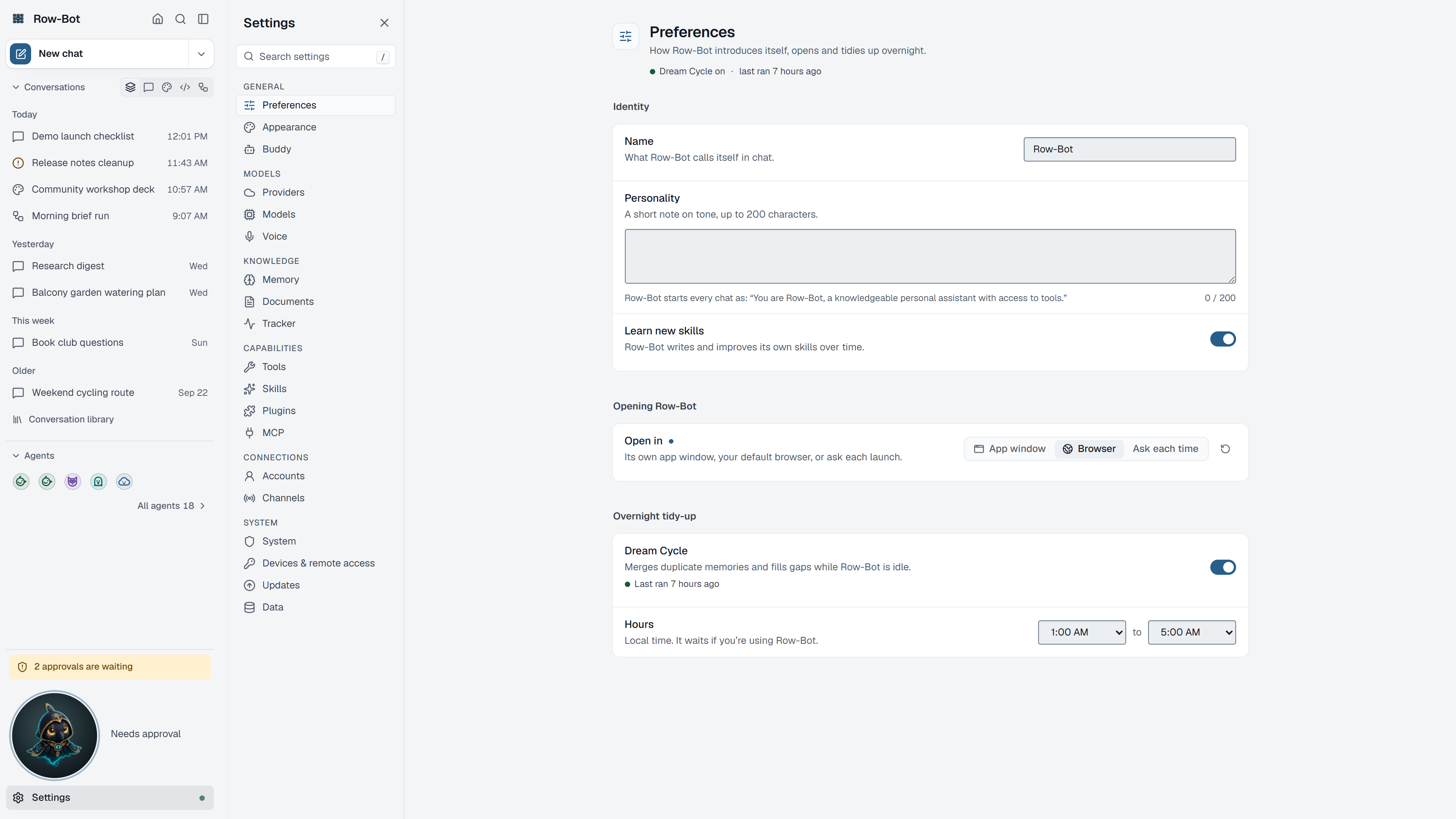 Settings: Preferences in Row-Bot.