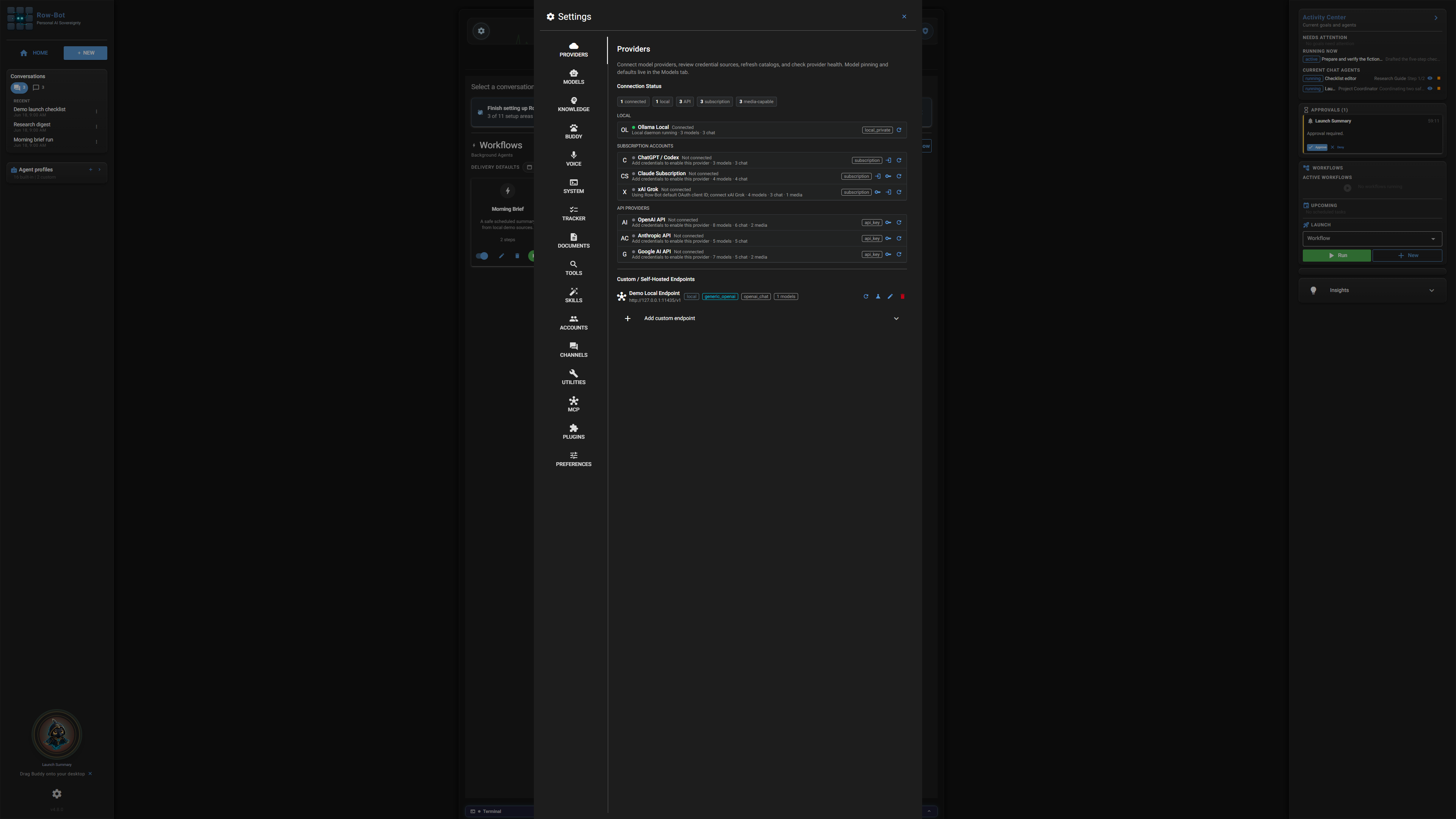 Settings: Providers in Row-Bot.