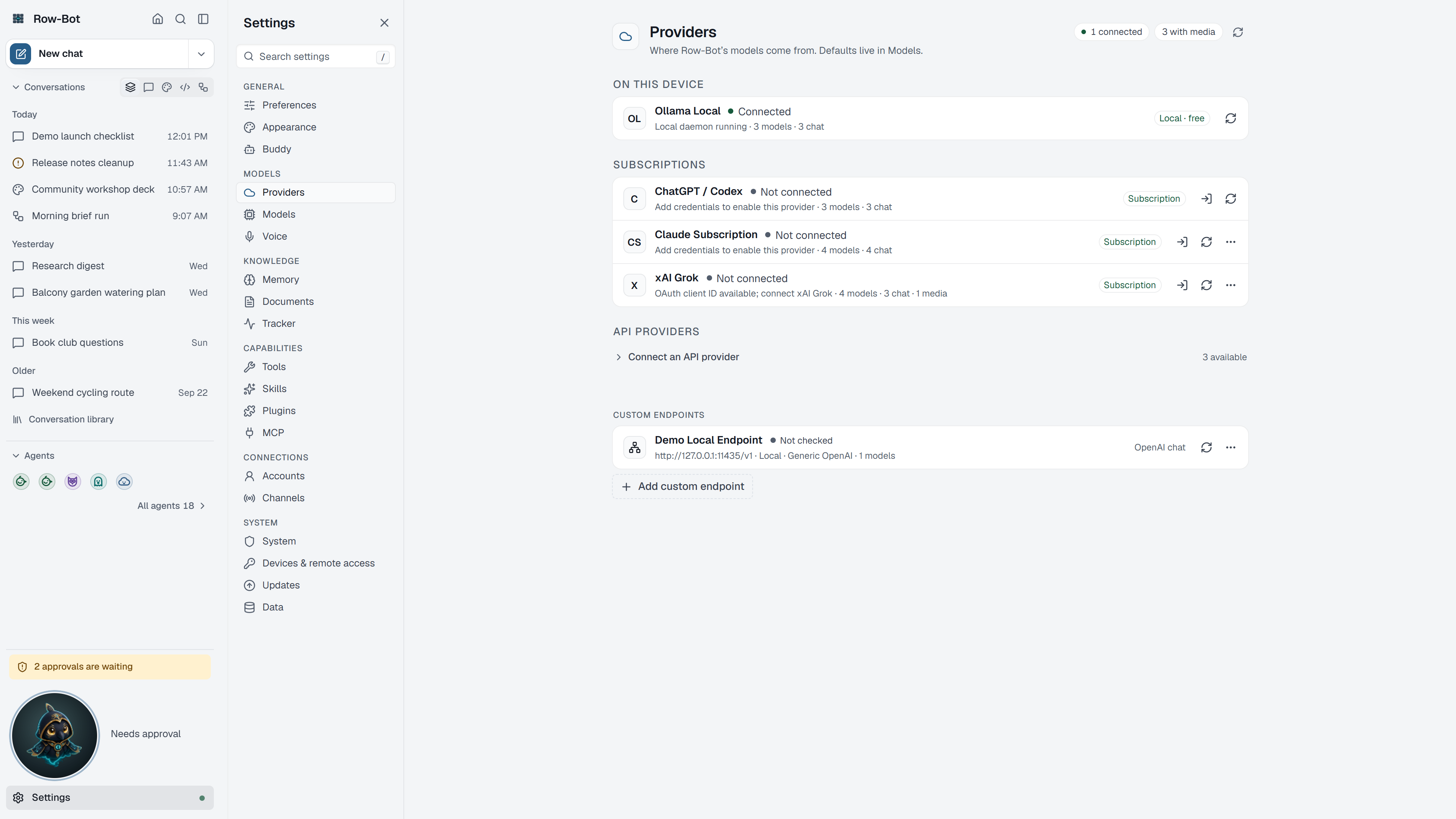 Settings: Providers in Row-Bot.