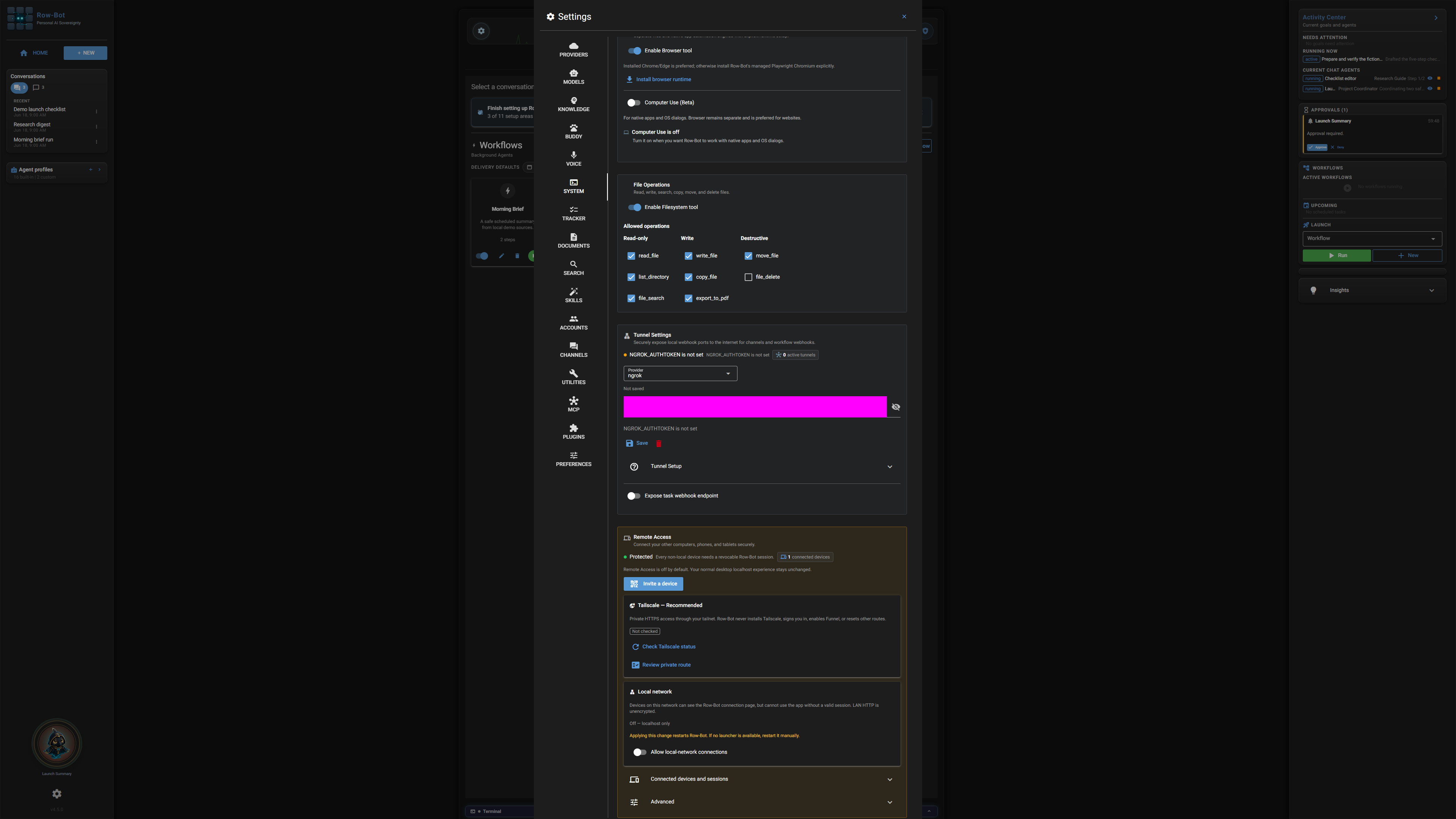 Row-Bot Remote Access settings.