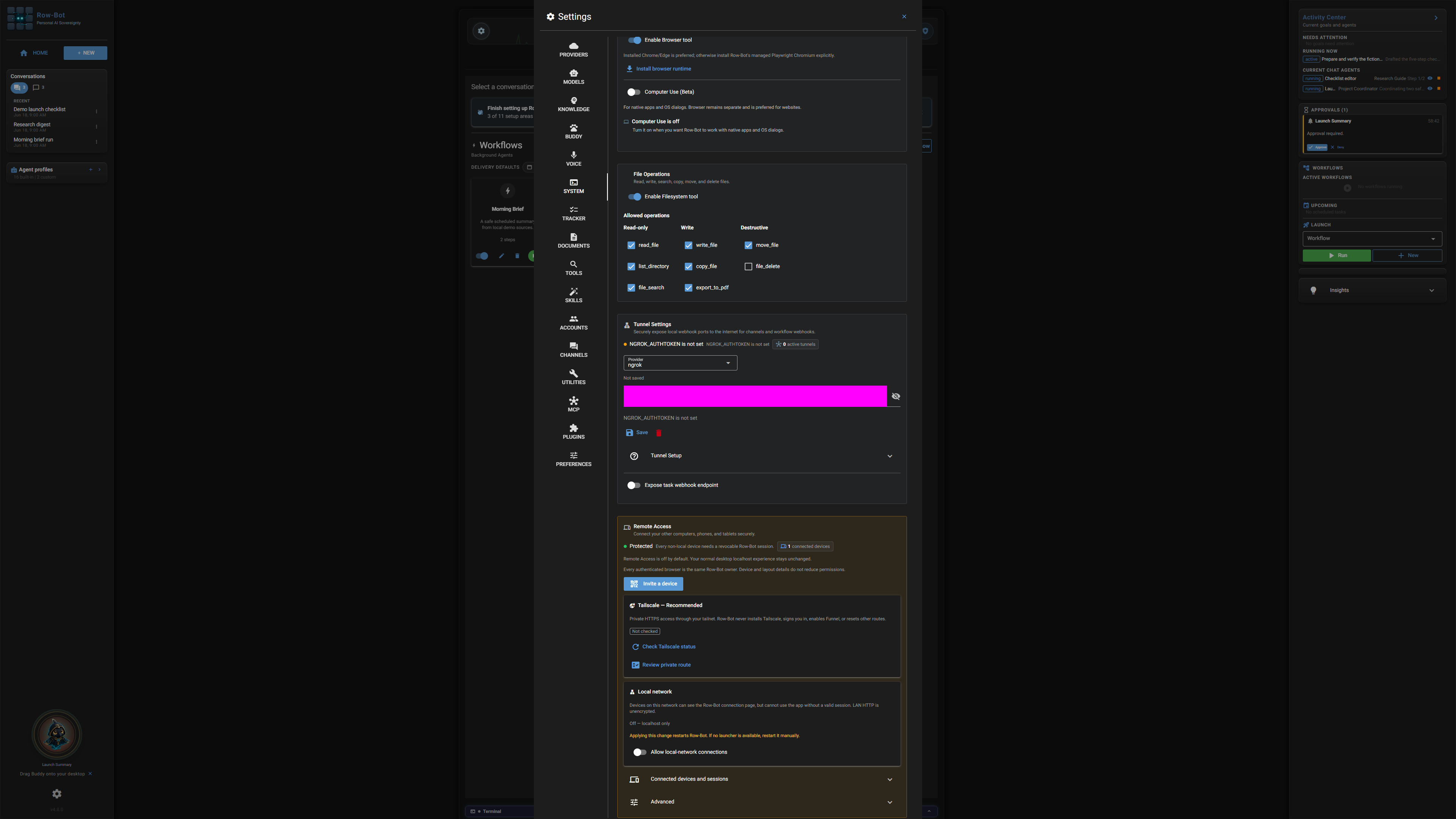 Remote Access controls in Row-Bot System settings.